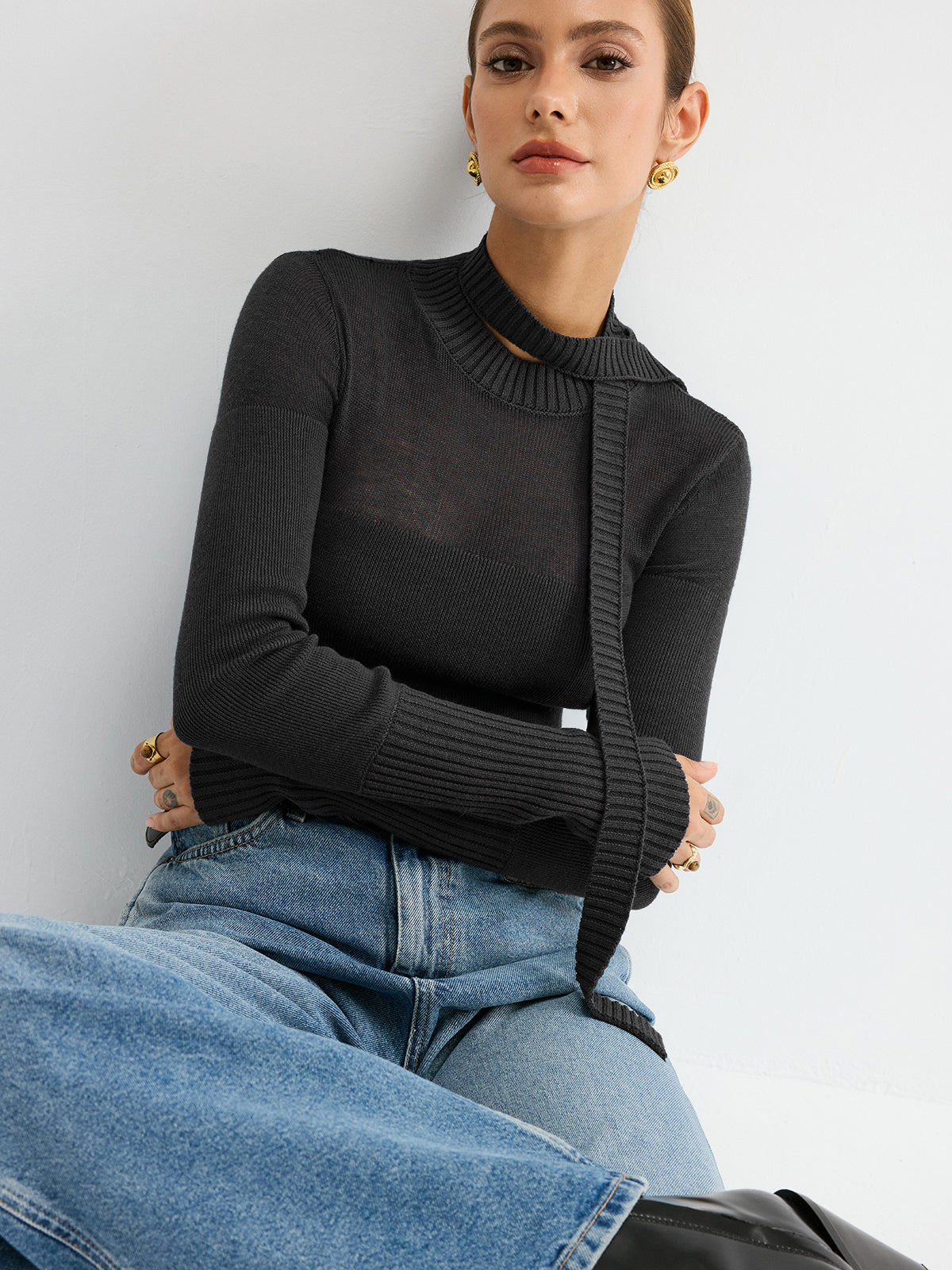 Sheer Panel Tie Neck Wool Blend Knit Top - Fashionable Comfortable Long Sleeve Pullover