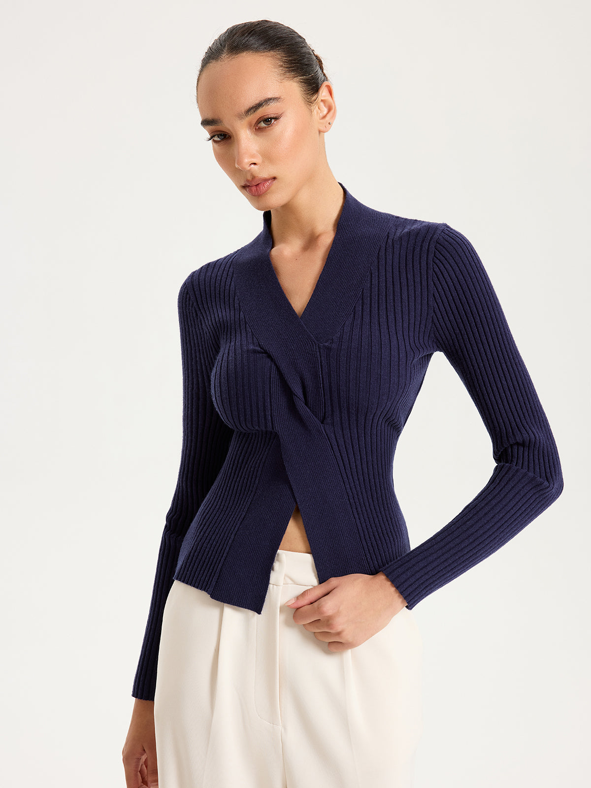 Twisted V-Neck Ribbed Knit Top for Women, Casual Long Sleeve Pullover