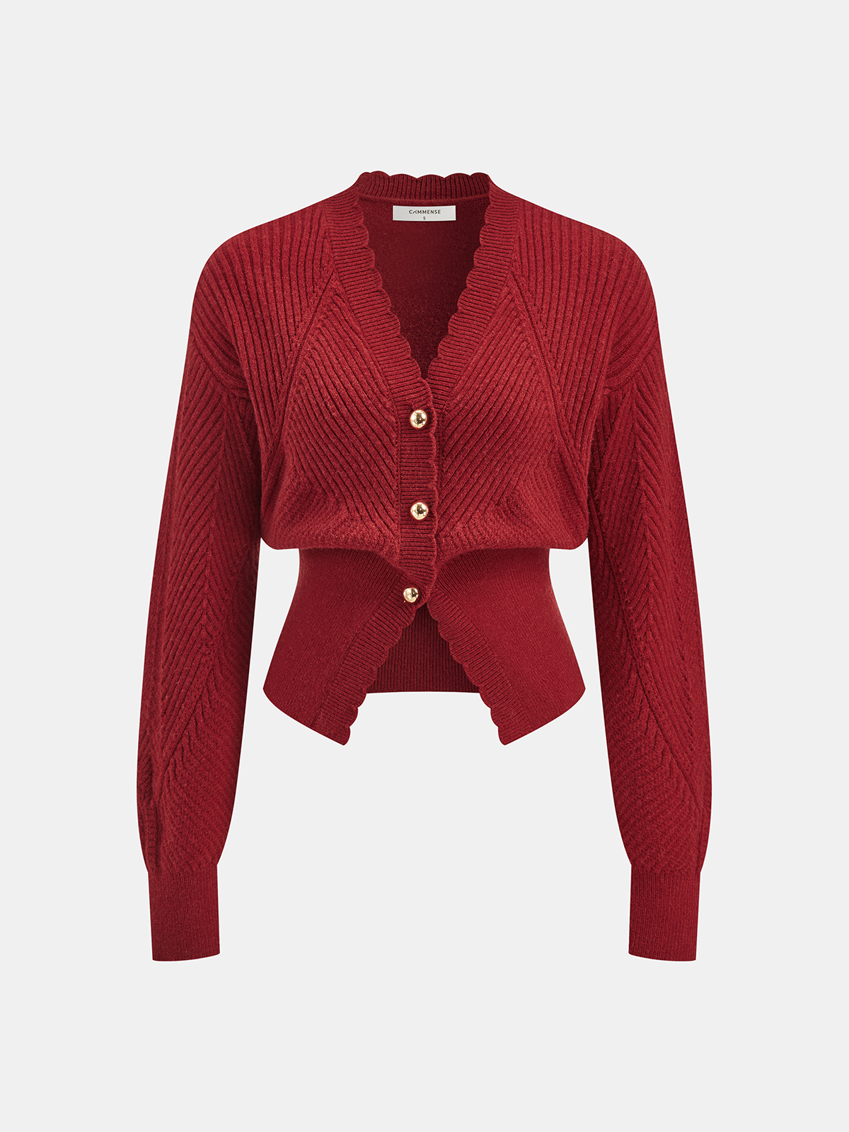 Scalloped Edge Ribbed V-Neck Buttoned Cardigan Women's Lightweight Sweater
