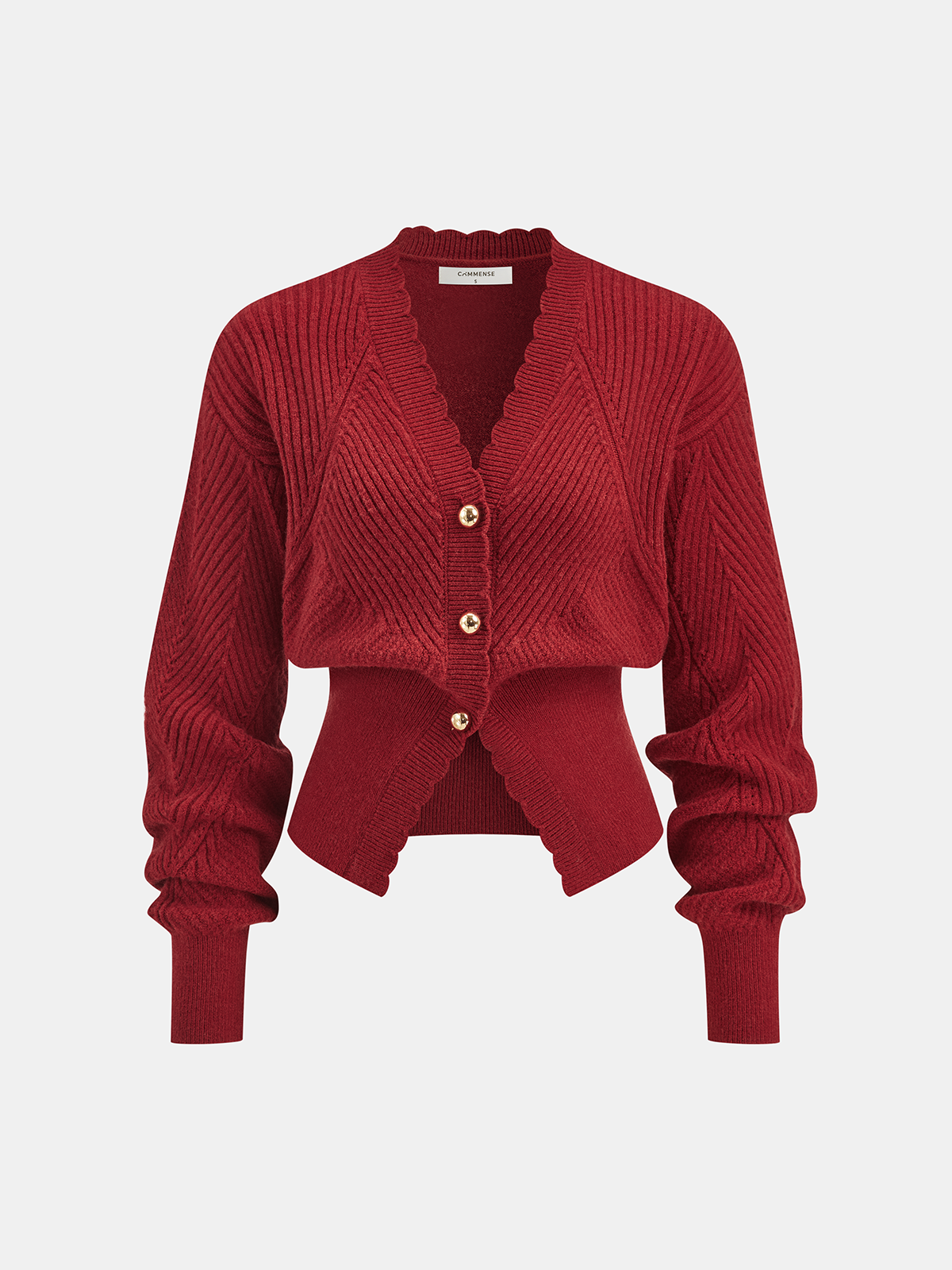 Scalloped Edge Ribbed V-Neck Buttoned Cardigan Women's Lightweight Sweater