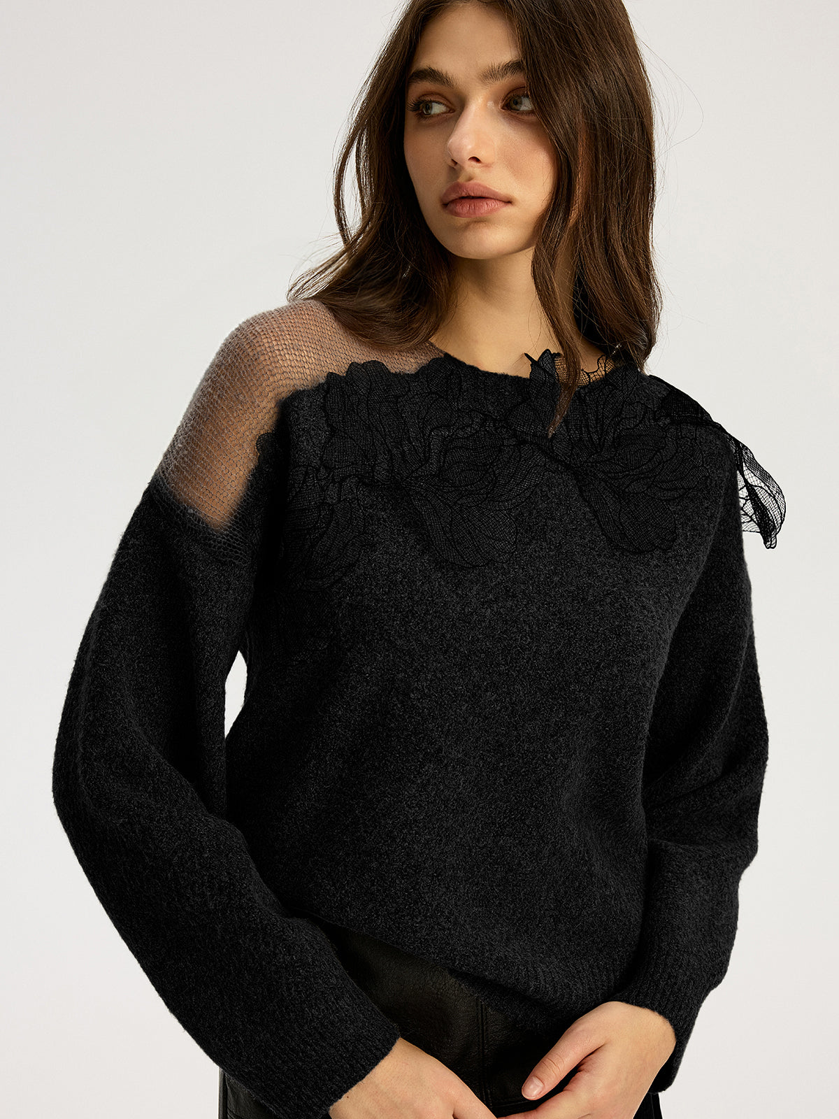 Floral Lace Sweater Semi Sheer Round Neck Sweater Comfortable Lightweight Knitwear
