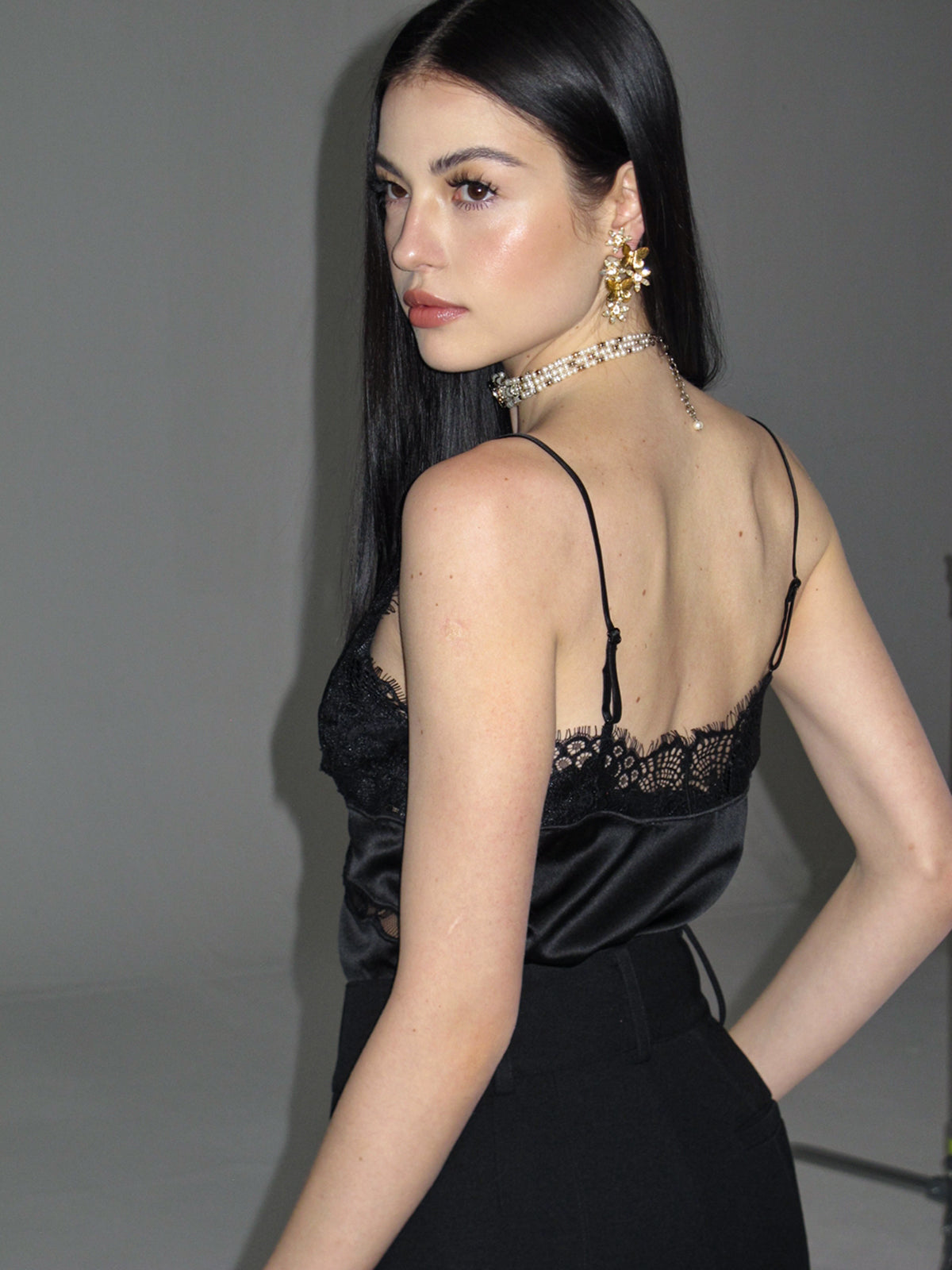 Lace Detail Satin Cami Top with Adjustable Straps