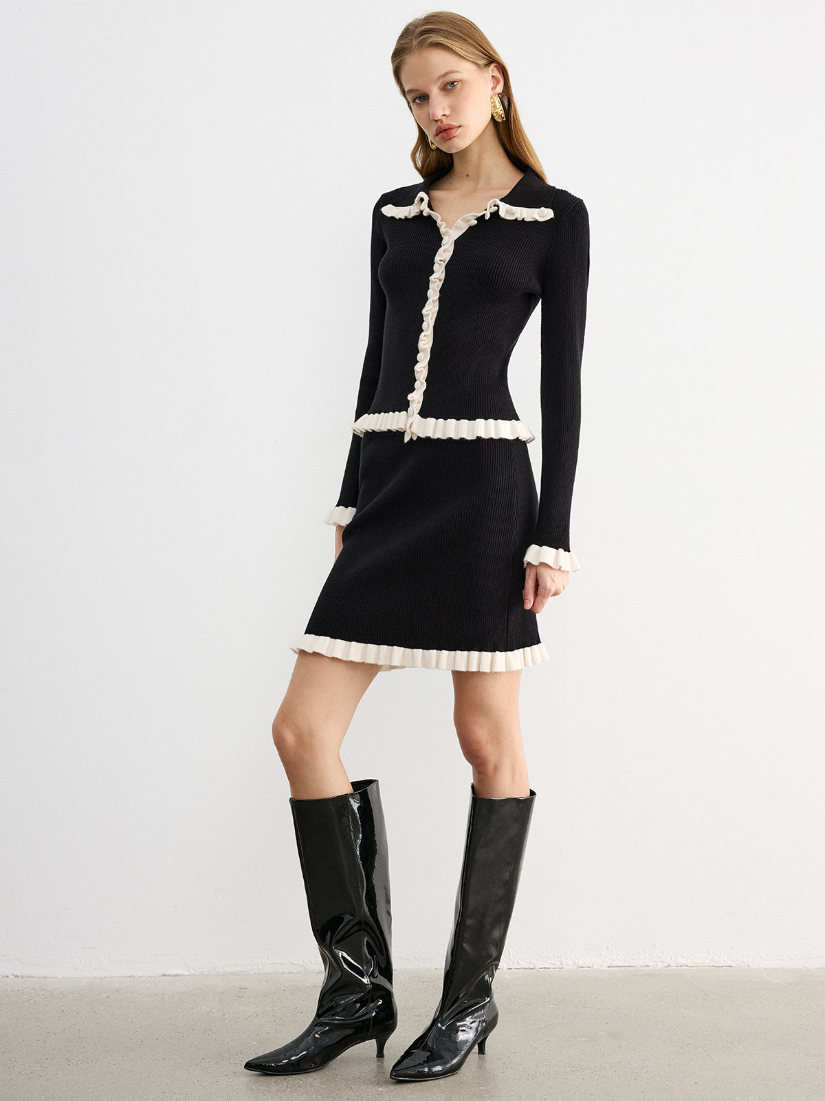 Contrast Ruffled Knit Top and Mini Skirt Set Women's Casual Outfit