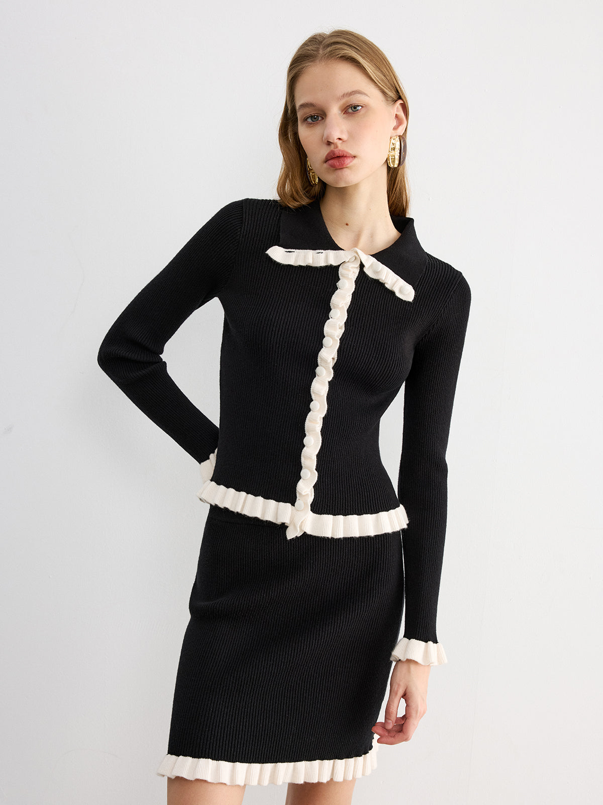 Contrast Ruffled Knit Top and Mini Skirt Set Women's Casual Outfit