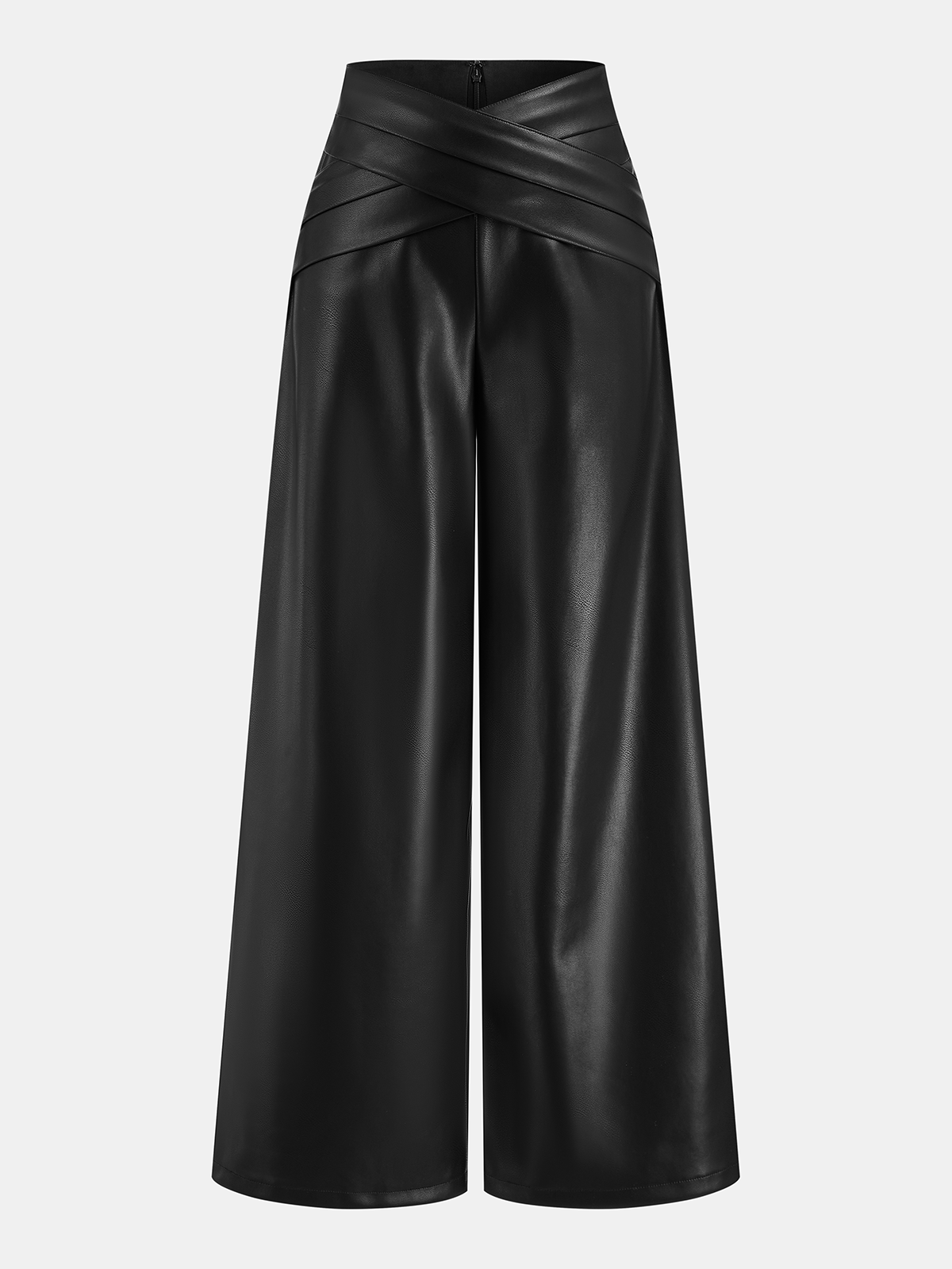 Cross Waistband PU Leather Wide-Leg Pants for Trendy Fashionistas