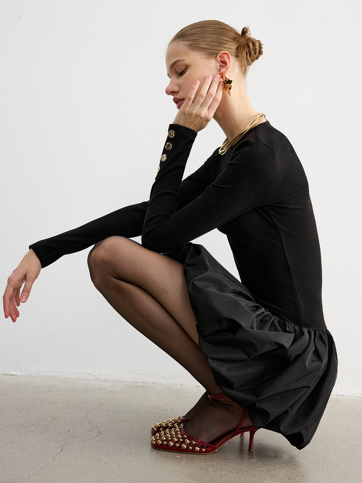Bubble Hem Long-Sleeve Knit Mini Dress Comfy Casual Fall Wear