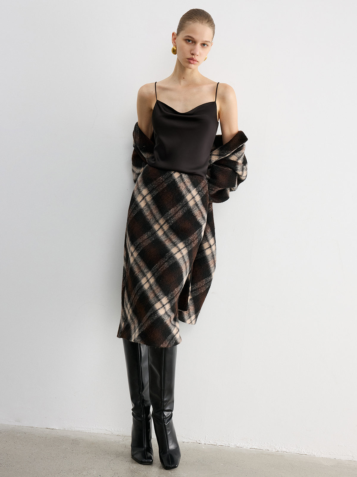 Plaid Wool-Blend Midi Pencil Skirt for Women Winter Wear