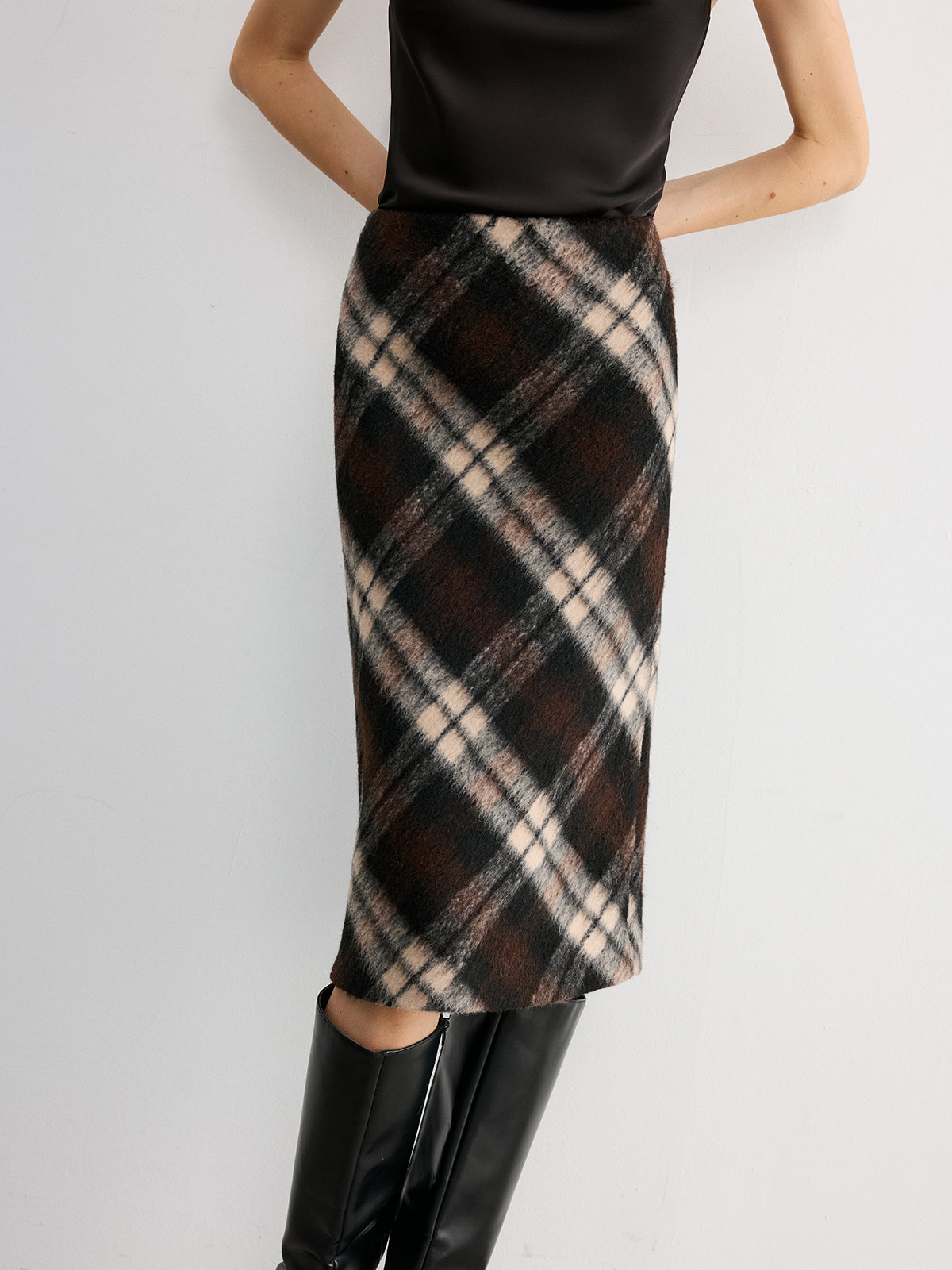 Plaid Wool-Blend Midi Pencil Skirt for Women Winter Wear