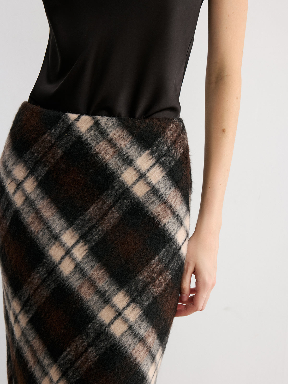 Plaid Wool-Blend Midi Pencil Skirt for Women Winter Wear