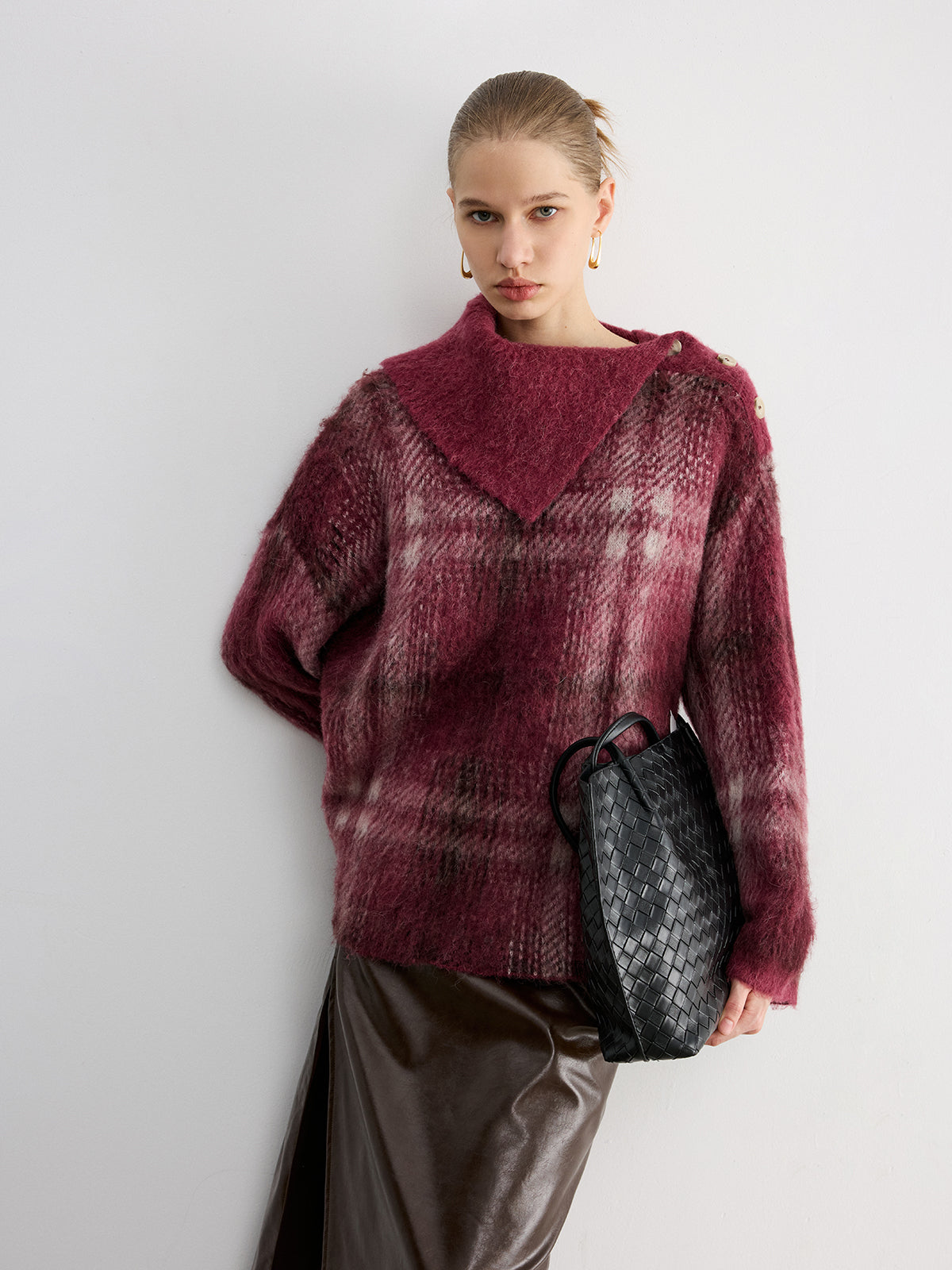 Wool Blend Plaid Asymmetric Collar Buttoned Sweater for Winter Comfort