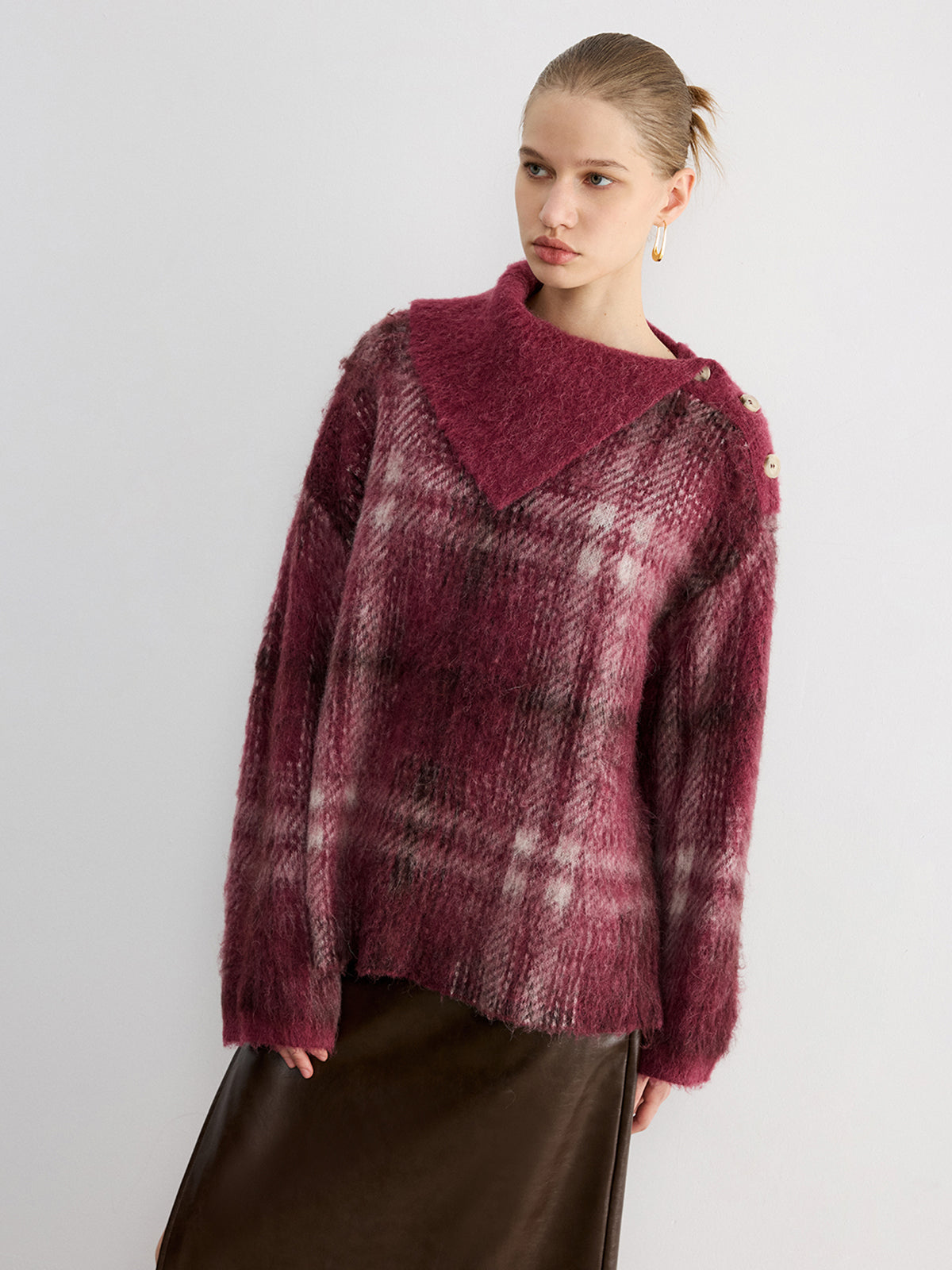 Wool Blend Plaid Asymmetric Collar Buttoned Sweater for Winter Comfort