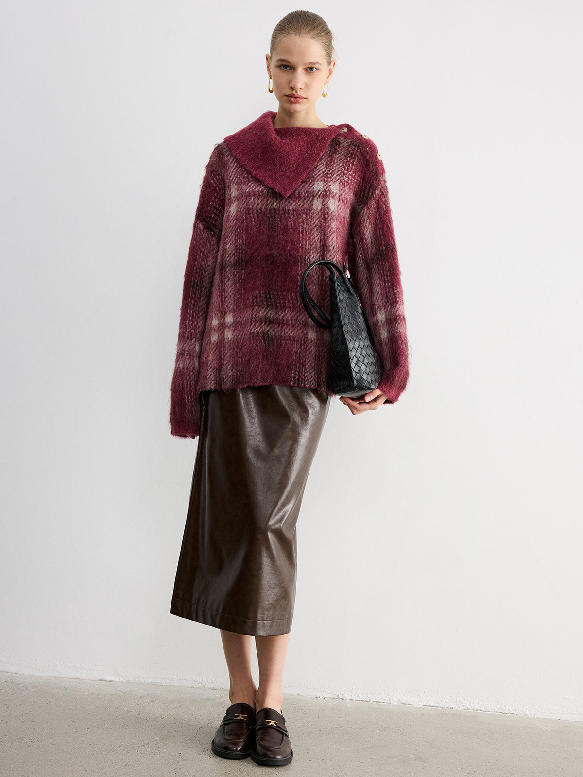 Wool Blend Plaid Asymmetric Collar Buttoned Sweater for Winter Comfort