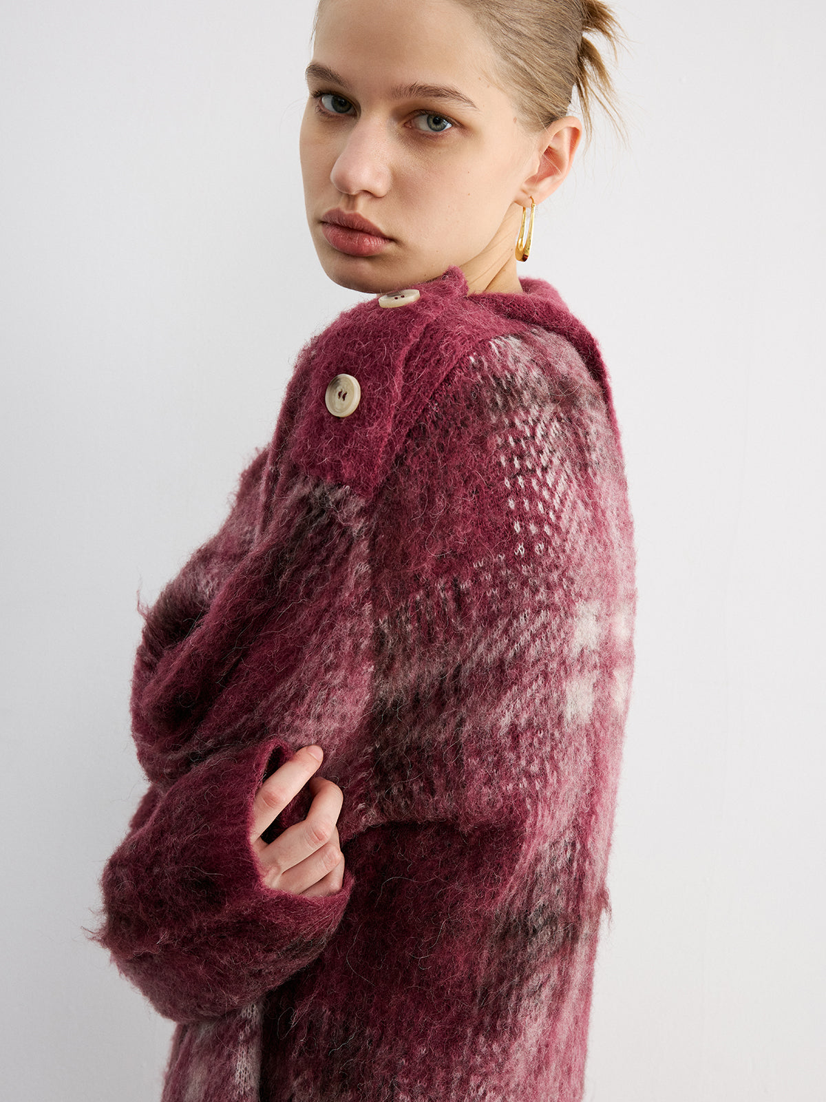 Wool Blend Plaid Asymmetric Collar Buttoned Sweater for Winter Comfort