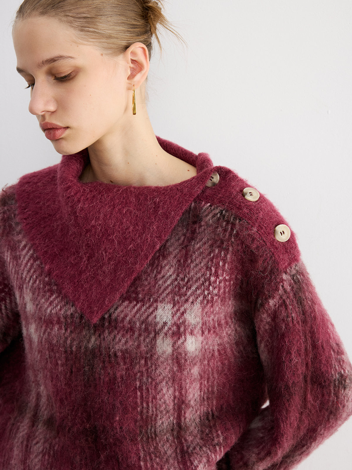 Wool Blend Plaid Asymmetric Collar Buttoned Sweater for Winter Comfort