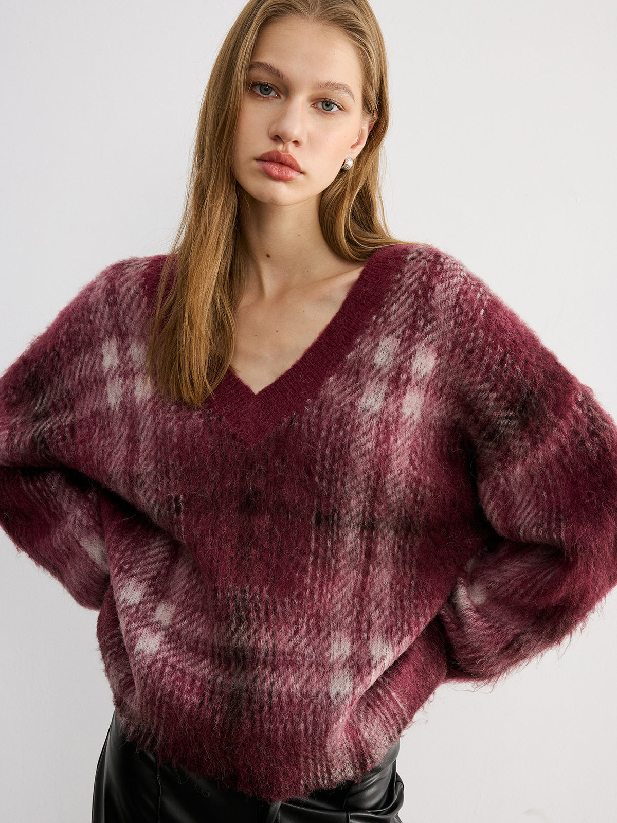 Plaid V-Neck Wool-Blend Sweater Cozy Winter Essential