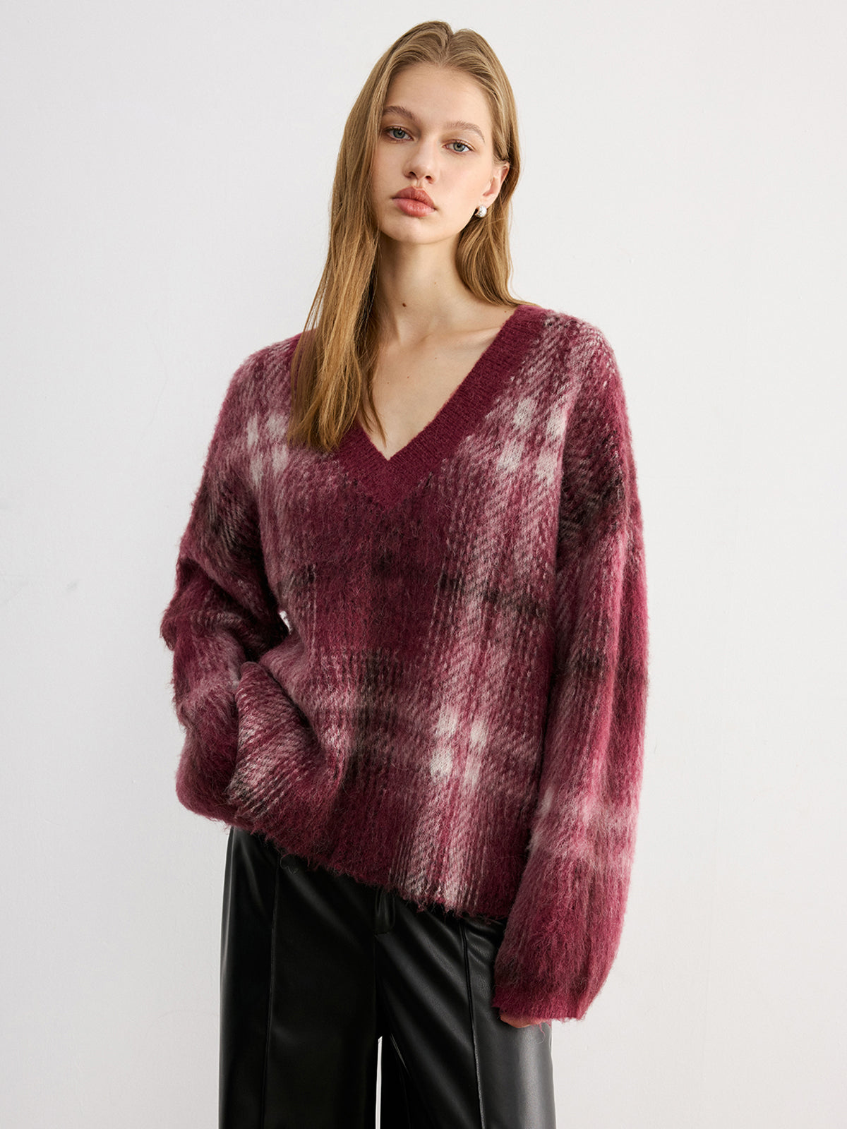 Plaid V-Neck Wool-Blend Sweater Cozy Winter Essential