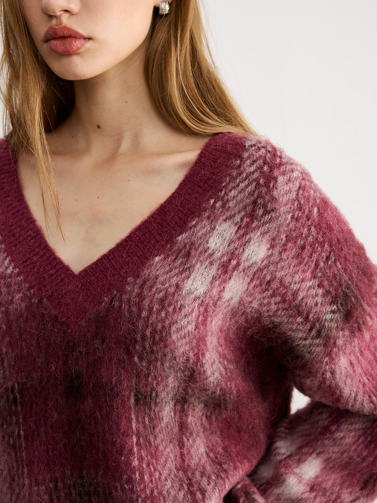 Plaid V-Neck Wool-Blend Sweater Cozy Winter Essential