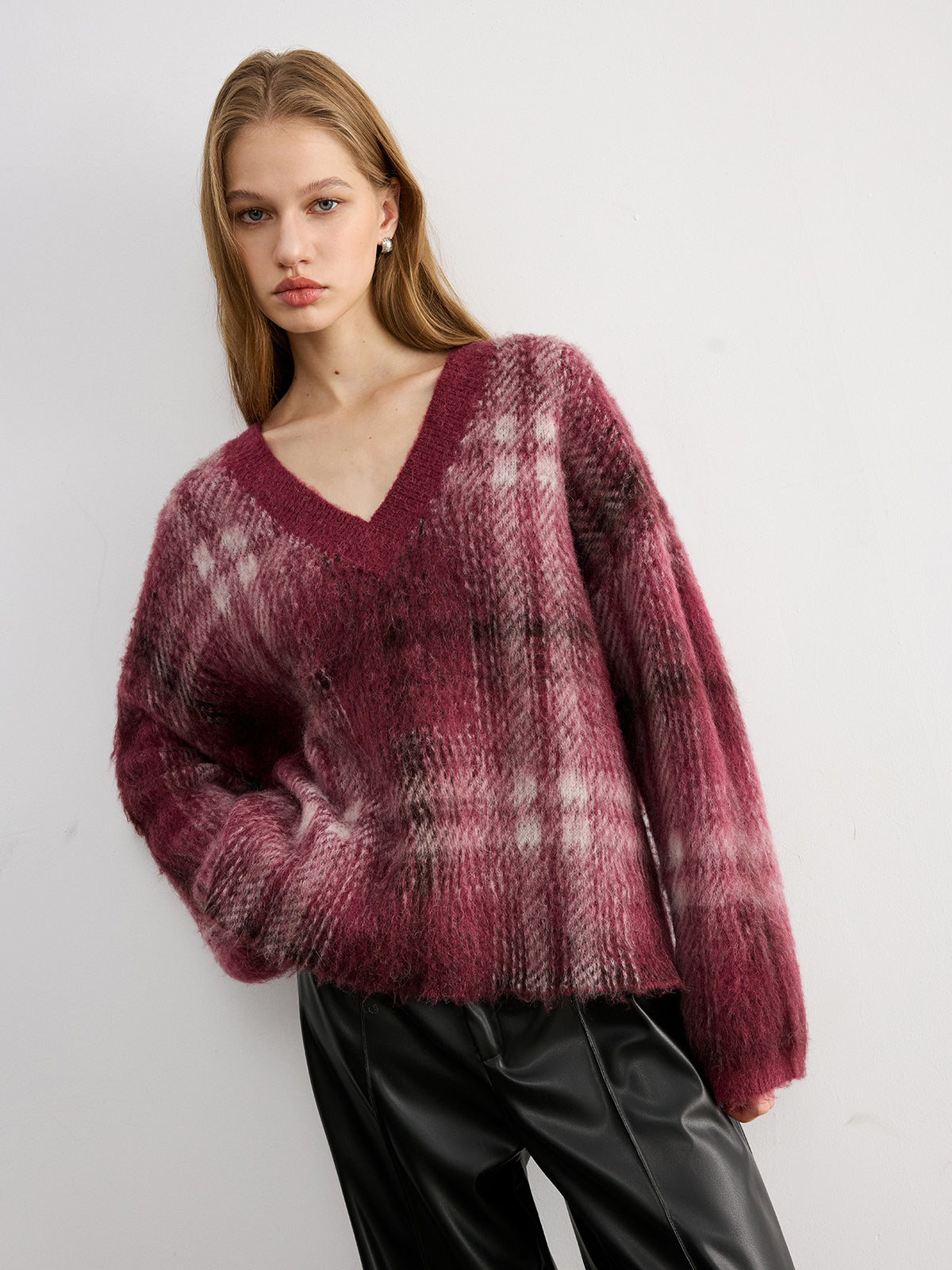 Plaid V-Neck Wool-Blend Sweater Cozy Winter Essential