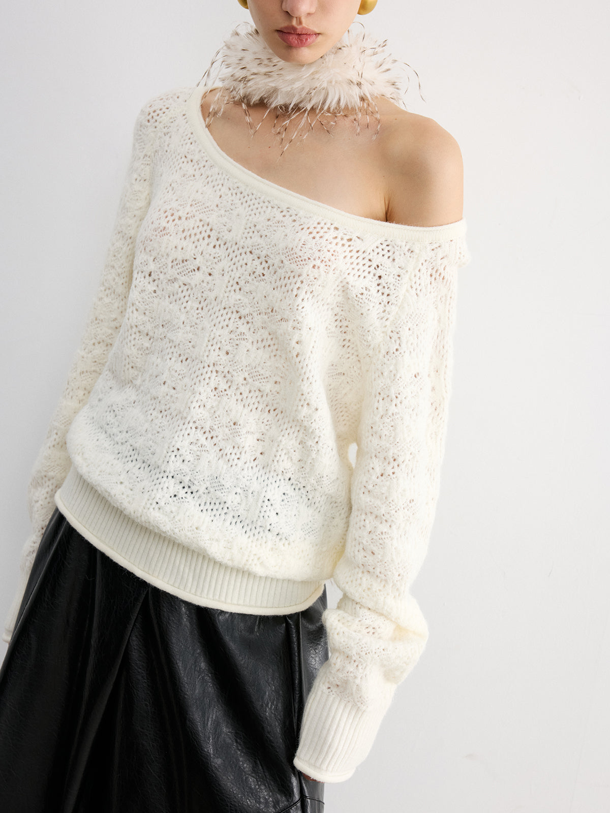 Off-Shoulder Open-Knit Sweater for Women Casual Style