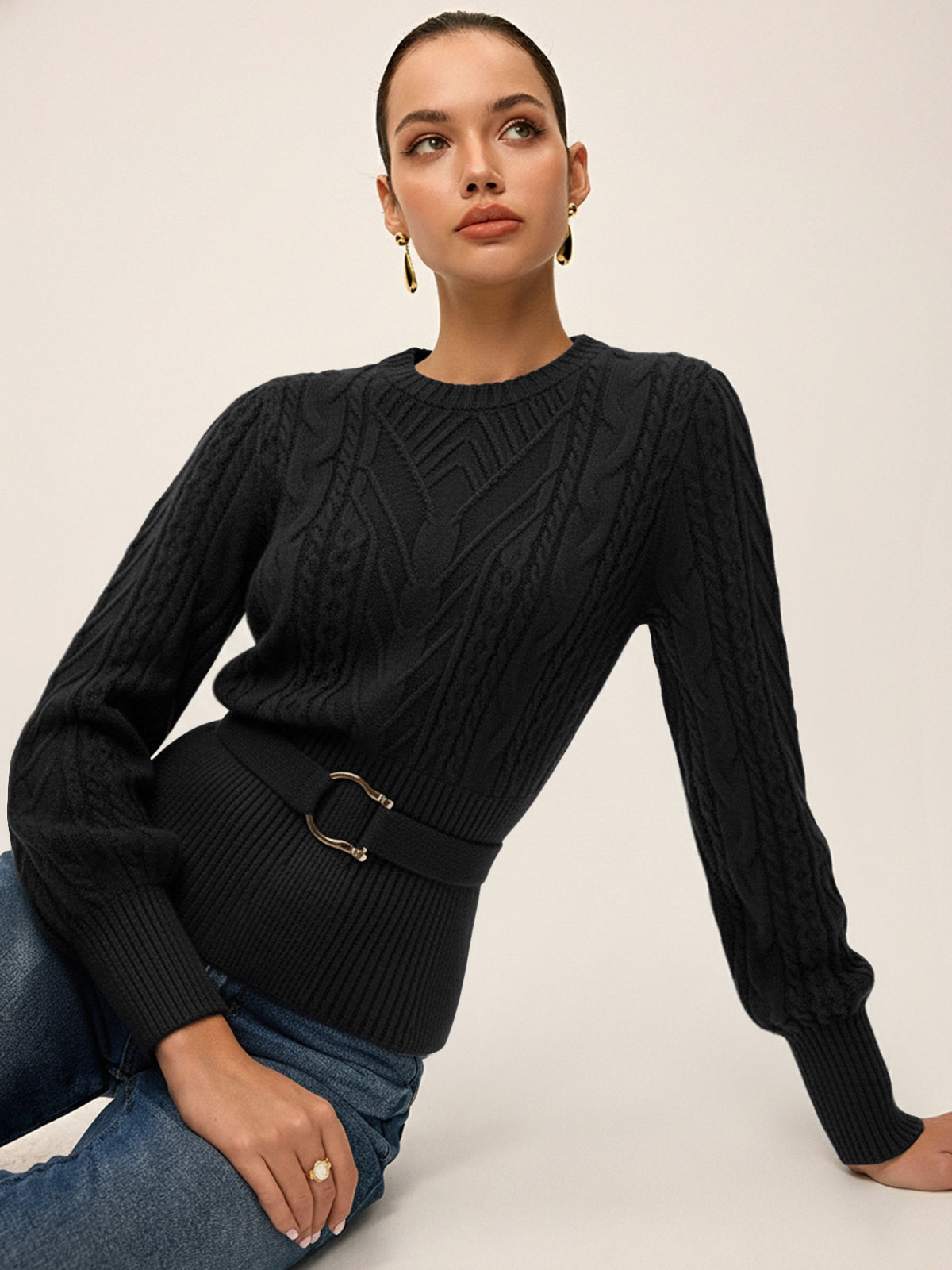 Cinched Waist Belted Cable Knit Top Women's Fashion Essential