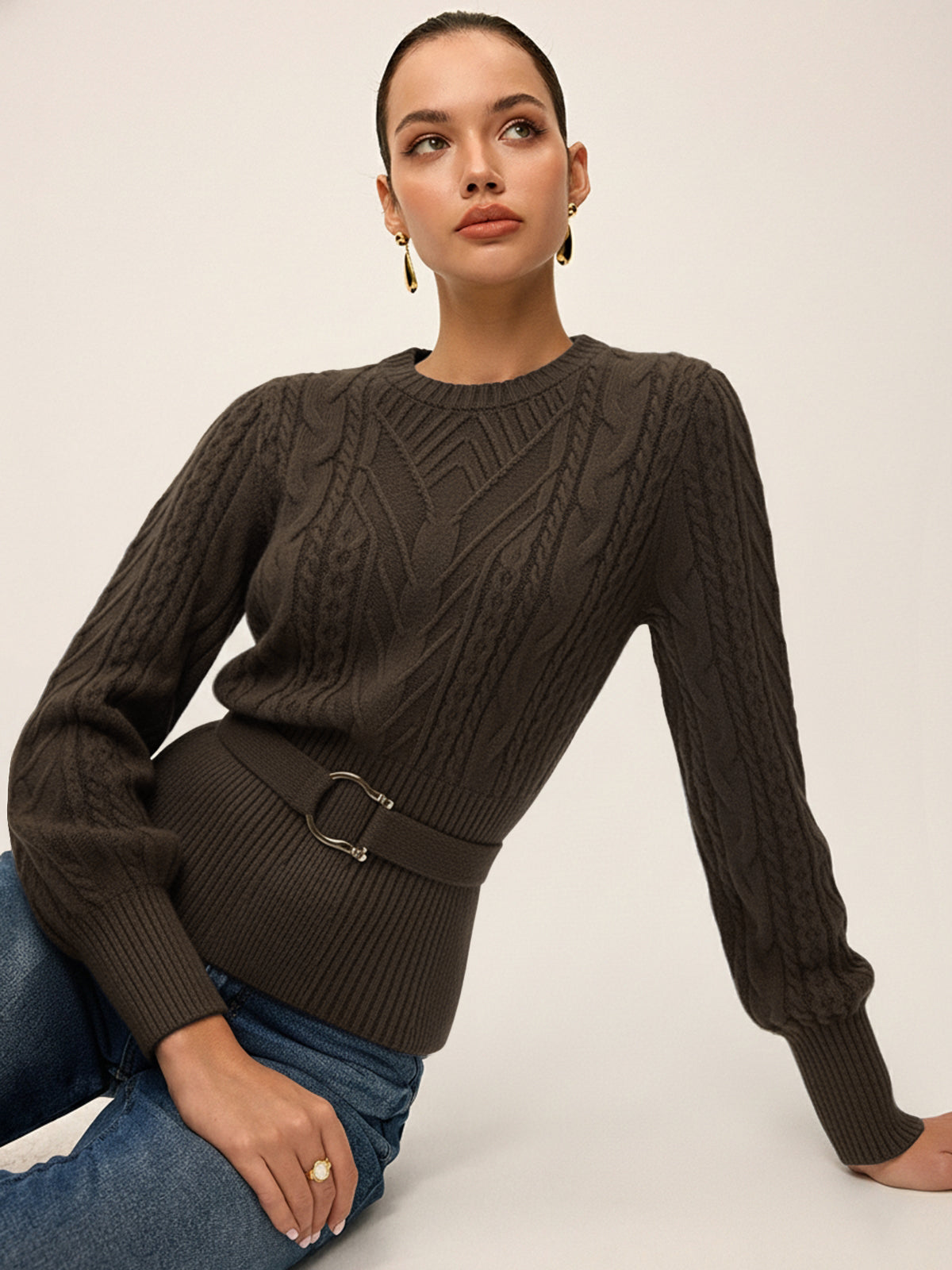 Cinched Waist Belted Cable Knit Top Women's Fashion Essential