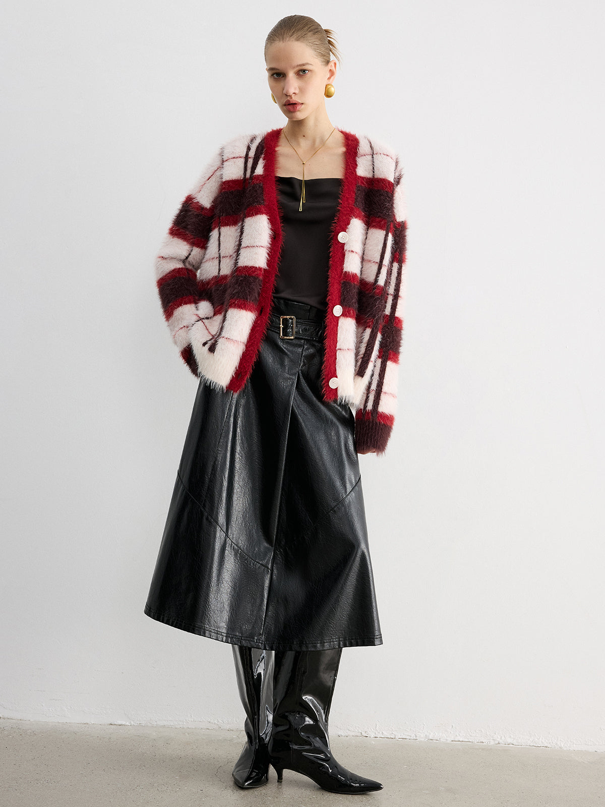 Knit Fluffy Checkered Cardigan for Women Cozy Fall Essential