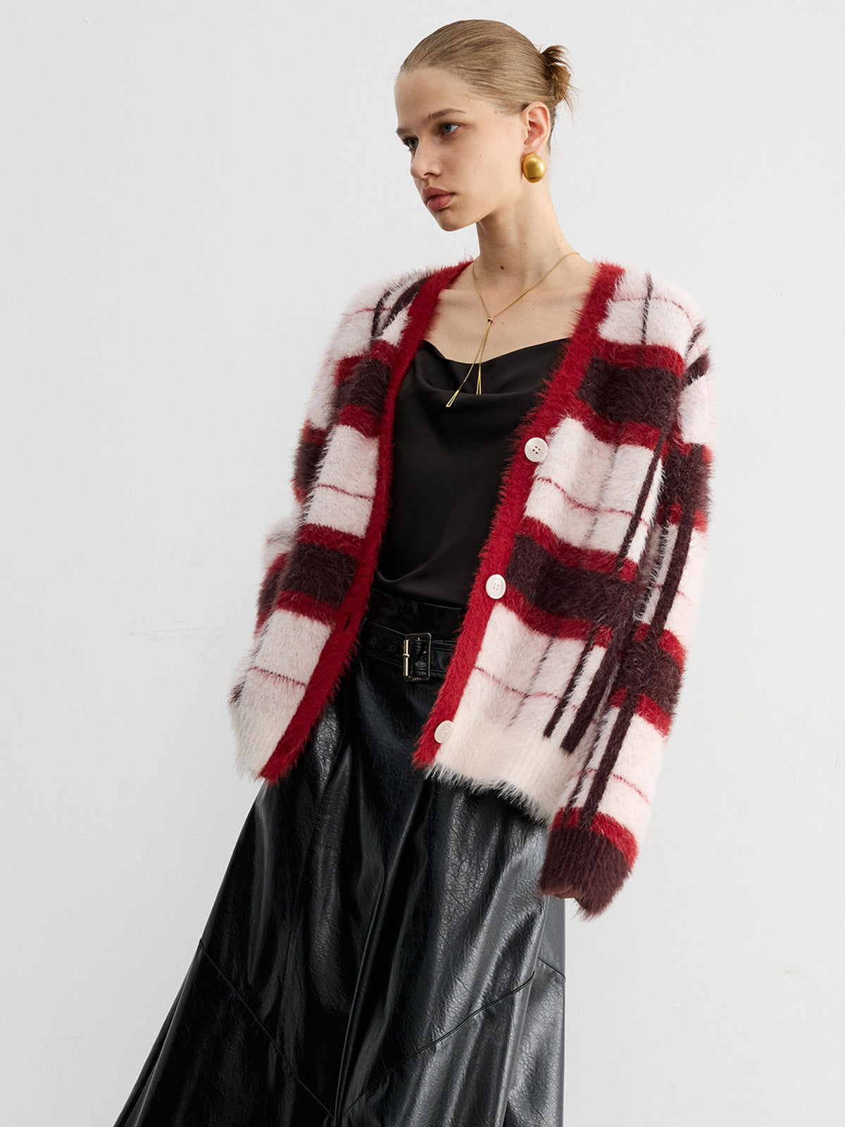 Knit Fluffy Checkered Cardigan for Women Cozy Fall Essential