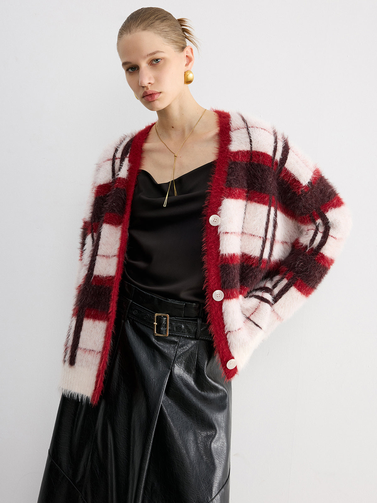 Knit Fluffy Checkered Cardigan for Women Cozy Fall Essential