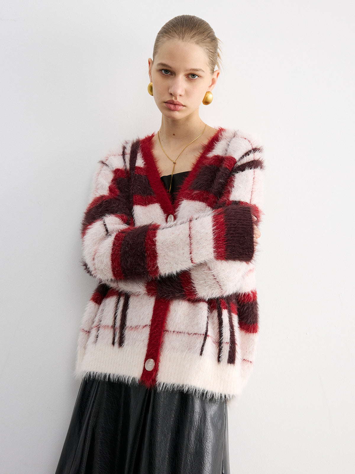 Knit Fluffy Checkered Cardigan for Women Cozy Fall Essential