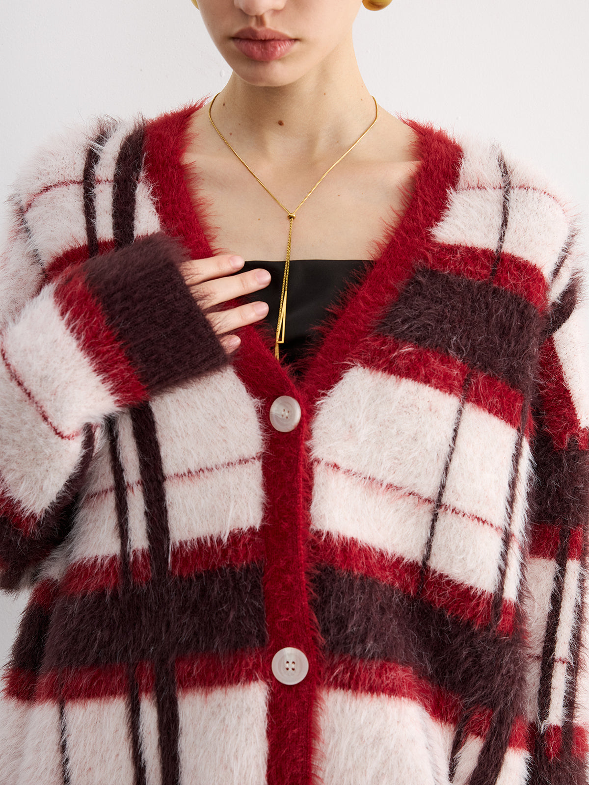 Knit Fluffy Checkered Cardigan for Women Cozy Fall Essential