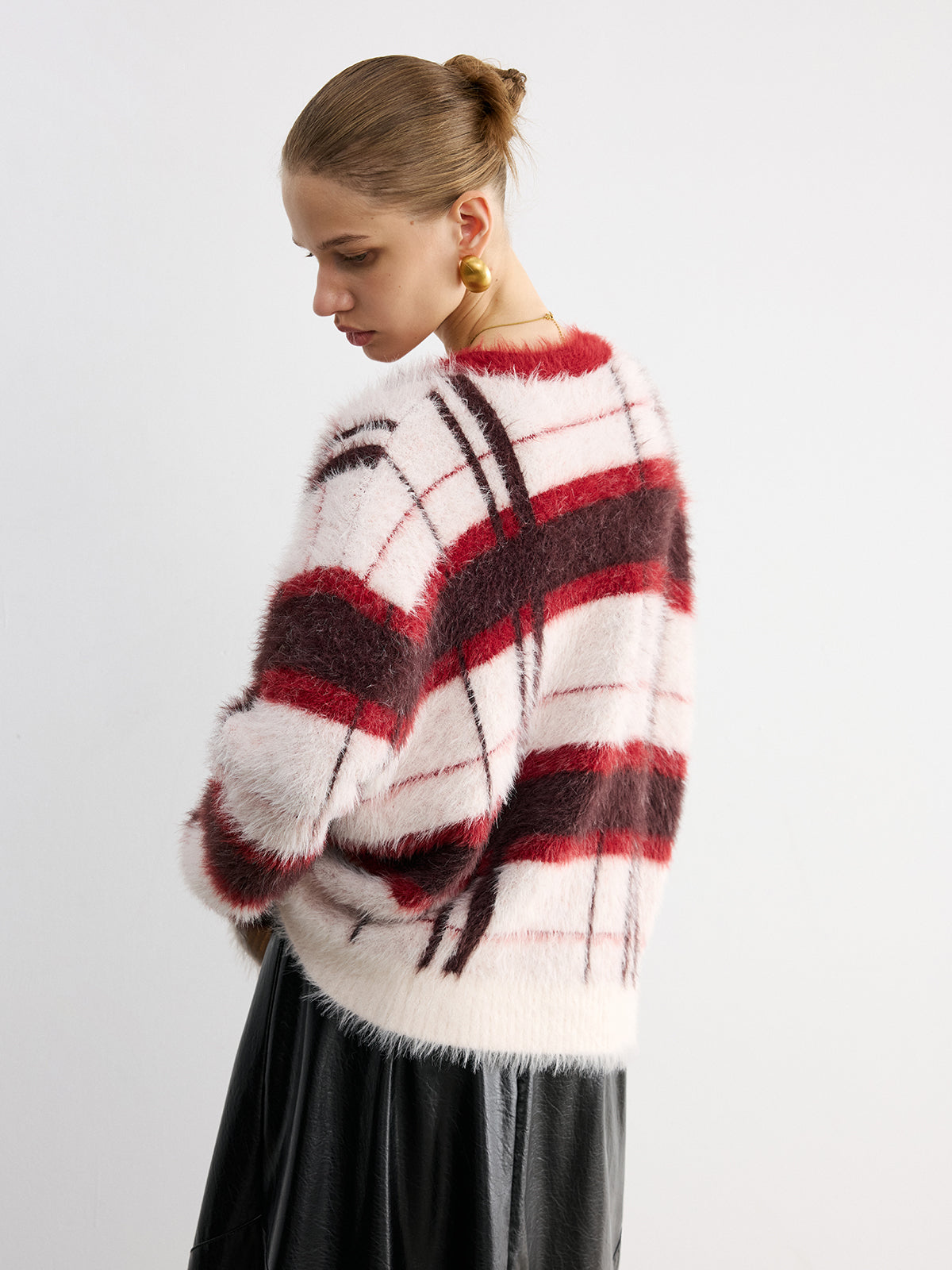 Knit Fluffy Checkered Cardigan for Women Cozy Fall Essential