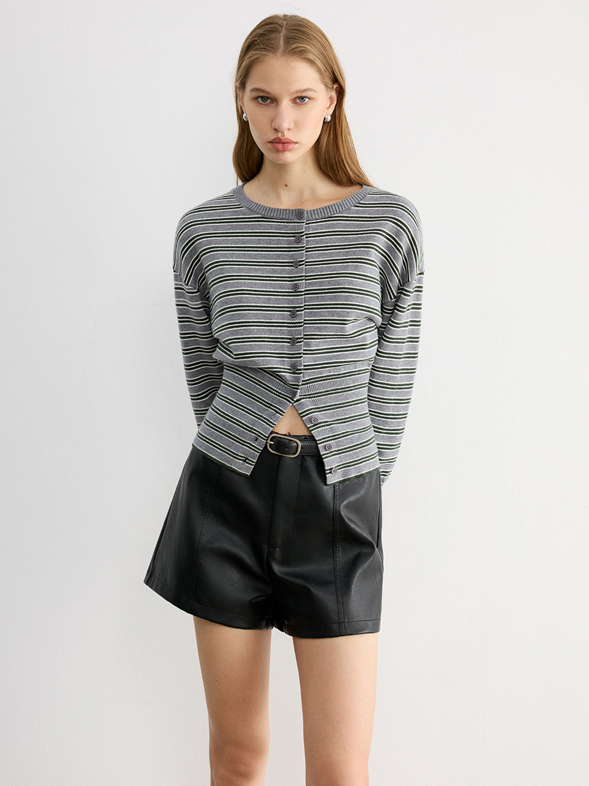 Waist Cinched Stripe Cardigan Lightweight Cotton Blend