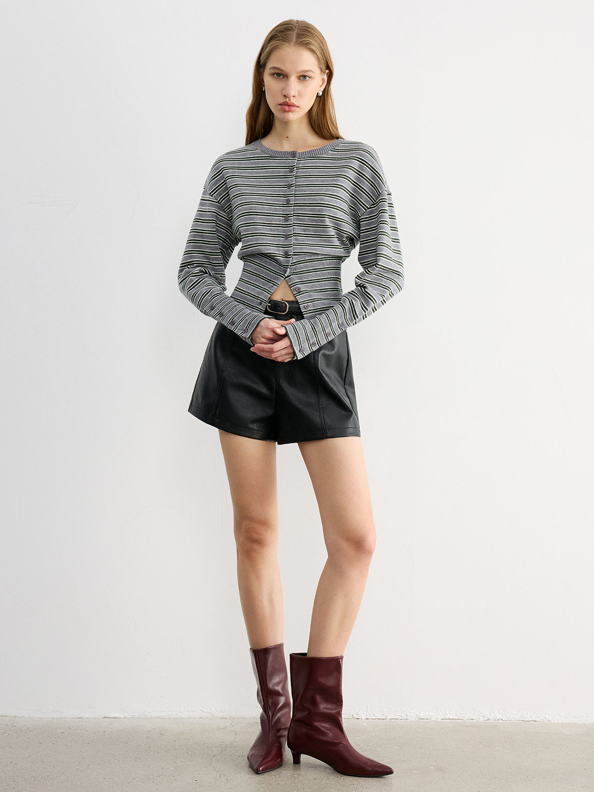 Waist Cinched Stripe Cardigan Lightweight Cotton Blend