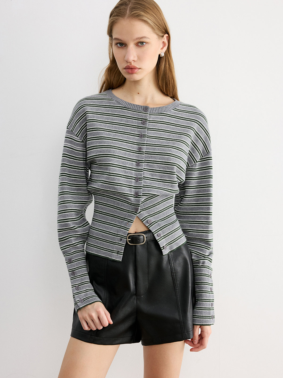 Waist Cinched Stripe Cardigan Lightweight Cotton Blend