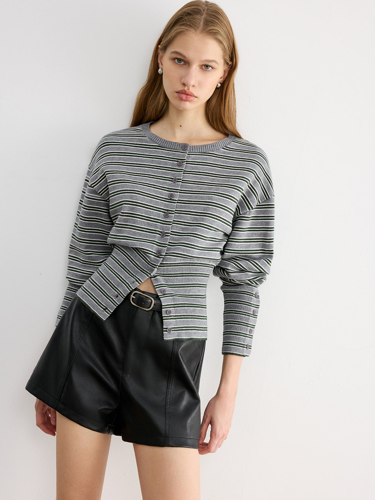 Waist Cinched Stripe Cardigan Lightweight Cotton Blend