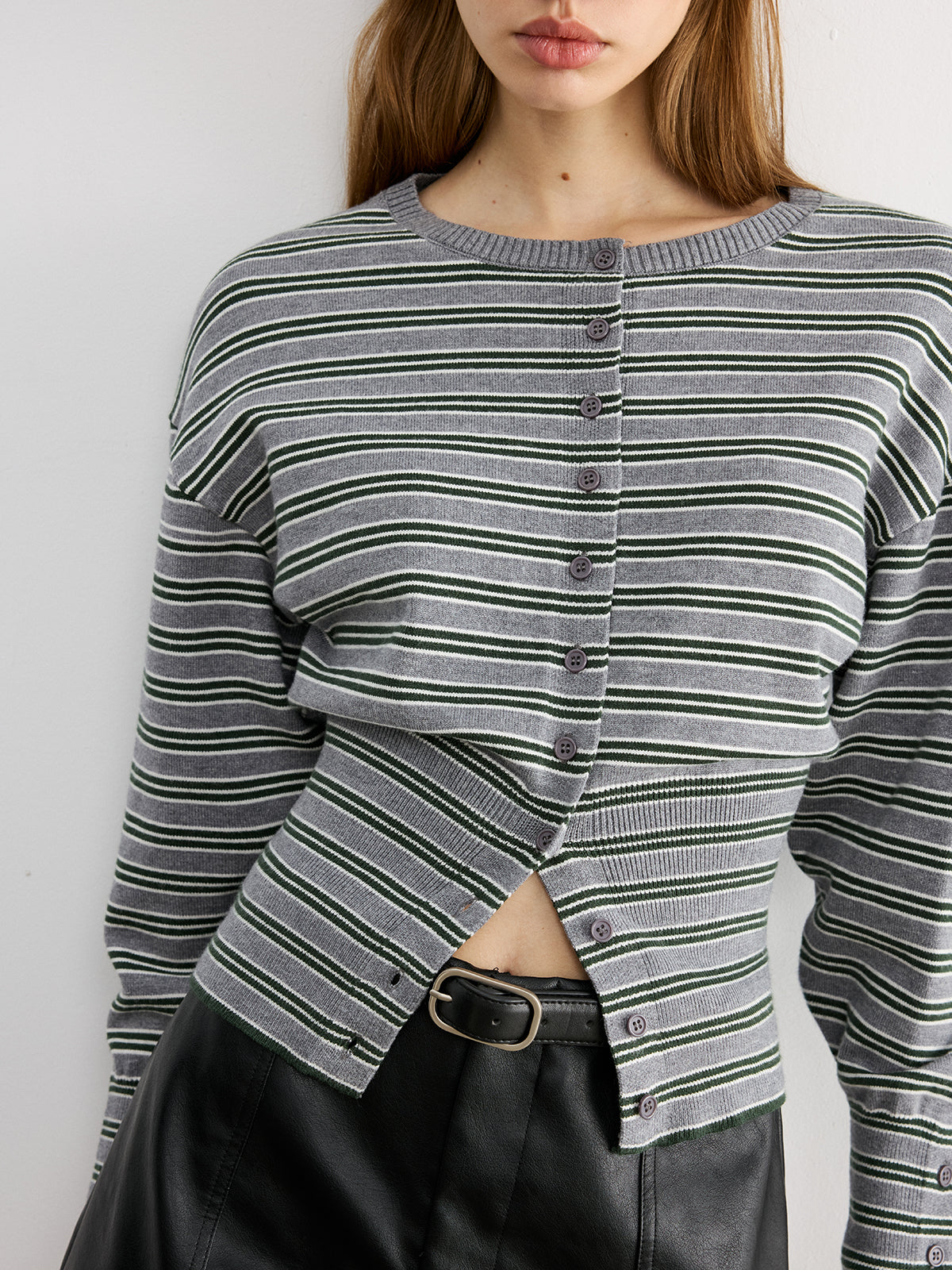 Waist Cinched Stripe Cardigan Lightweight Cotton Blend