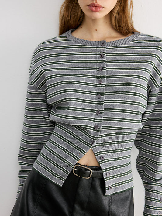 Waist Cinched Stripe Cardigan Lightweight Cotton Blend