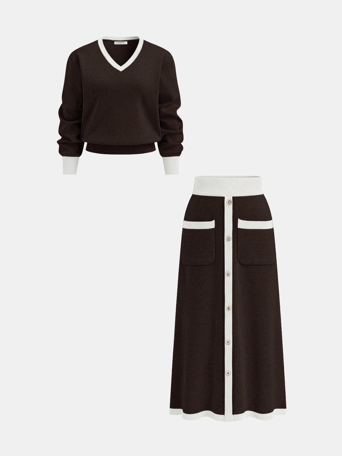 Contrast Trim Knit Top and Midi Skirt Set Women's Fashion Staple