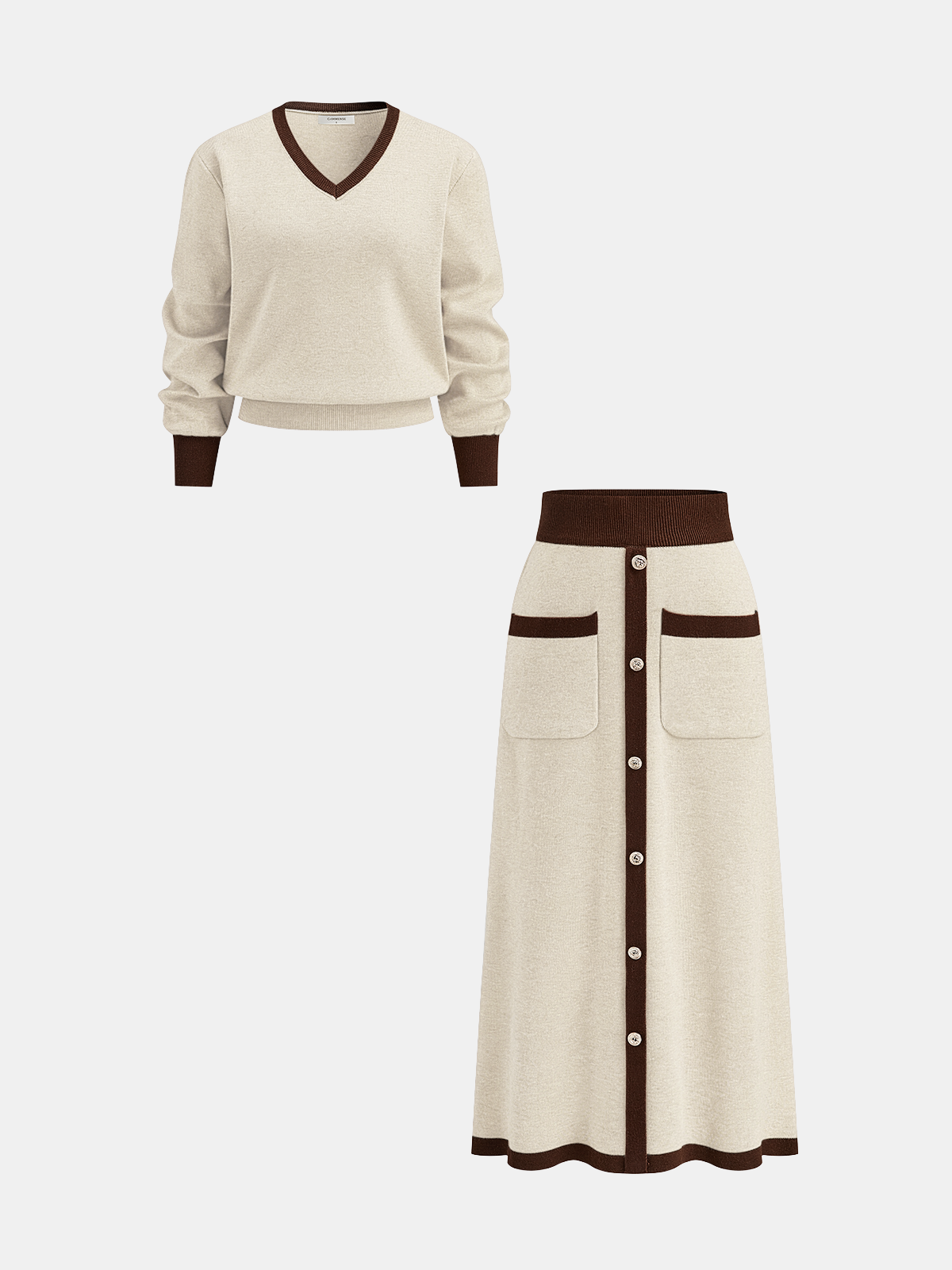 Contrast Trim Knit Top and Midi Skirt Set Women's Fashion Staple