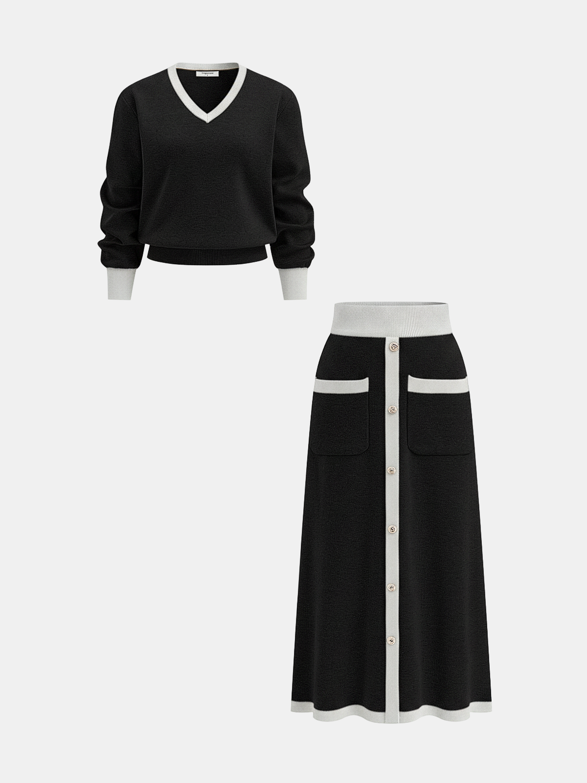 Contrast Trim Knit Top and Midi Skirt Set Women's Fashion Staple