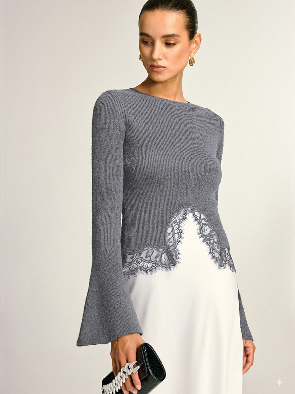Lace Hem Bell Sleeve Wool Blend Knit Top for Women, Elegant Casual Style