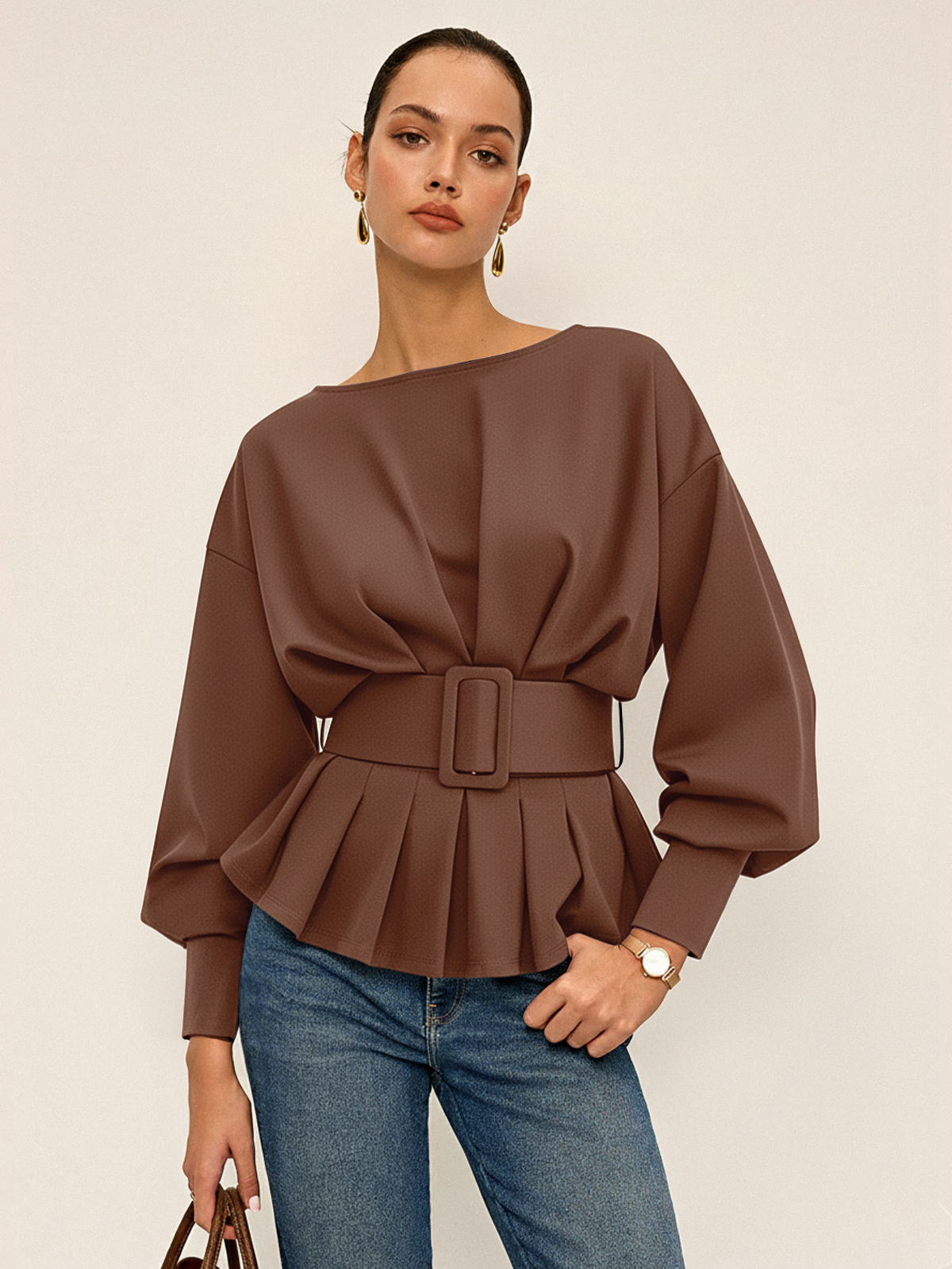 Boat Neck Peplum Sweatshirt with Wide Belt Stylish Comfort Fit