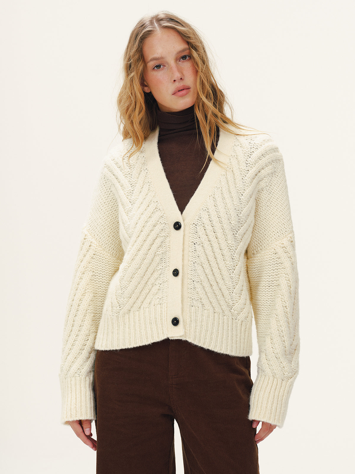 Wool Blend Cable Knit V-Neck Button Cardigan with Cozy Long Sleeves