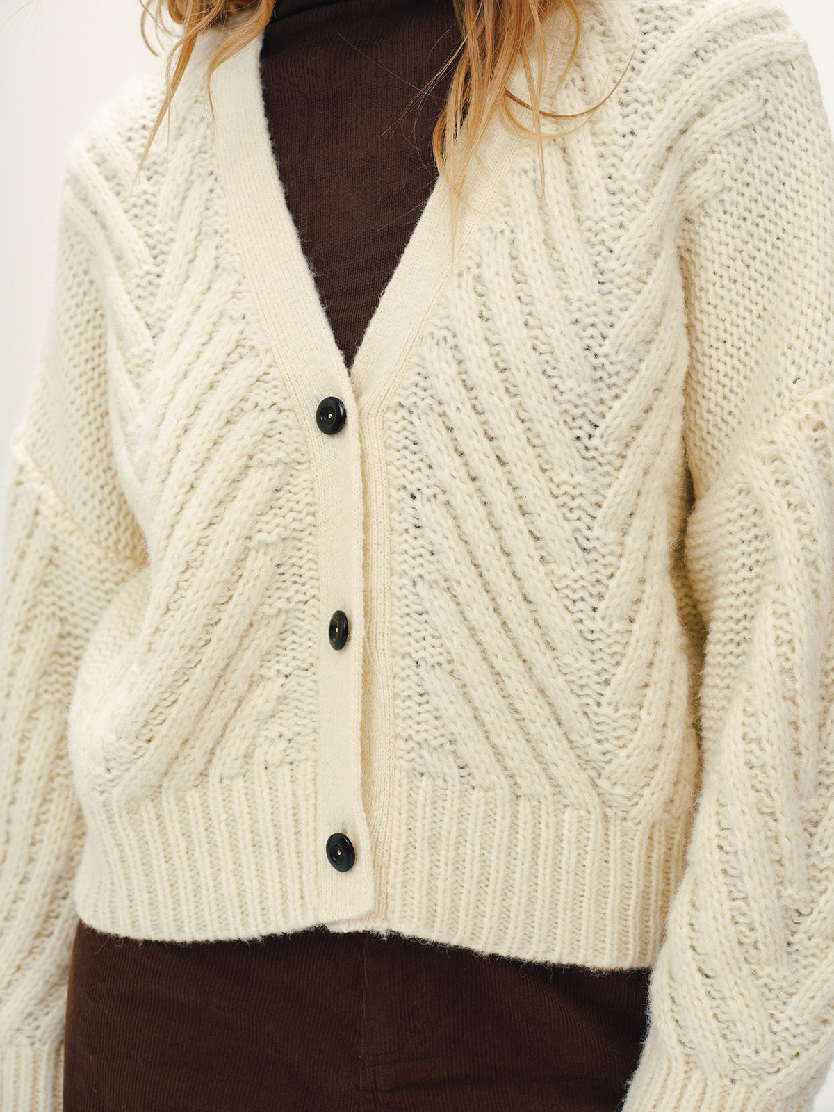 Wool Blend Cable Knit V-Neck Button Cardigan with Cozy Long Sleeves