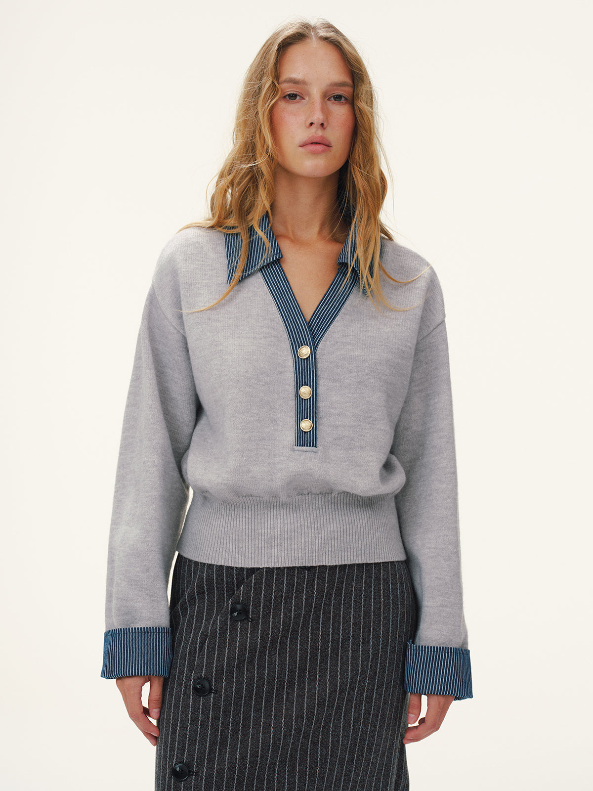 Striped Denim Panel Polo Sweater for Casual Wear