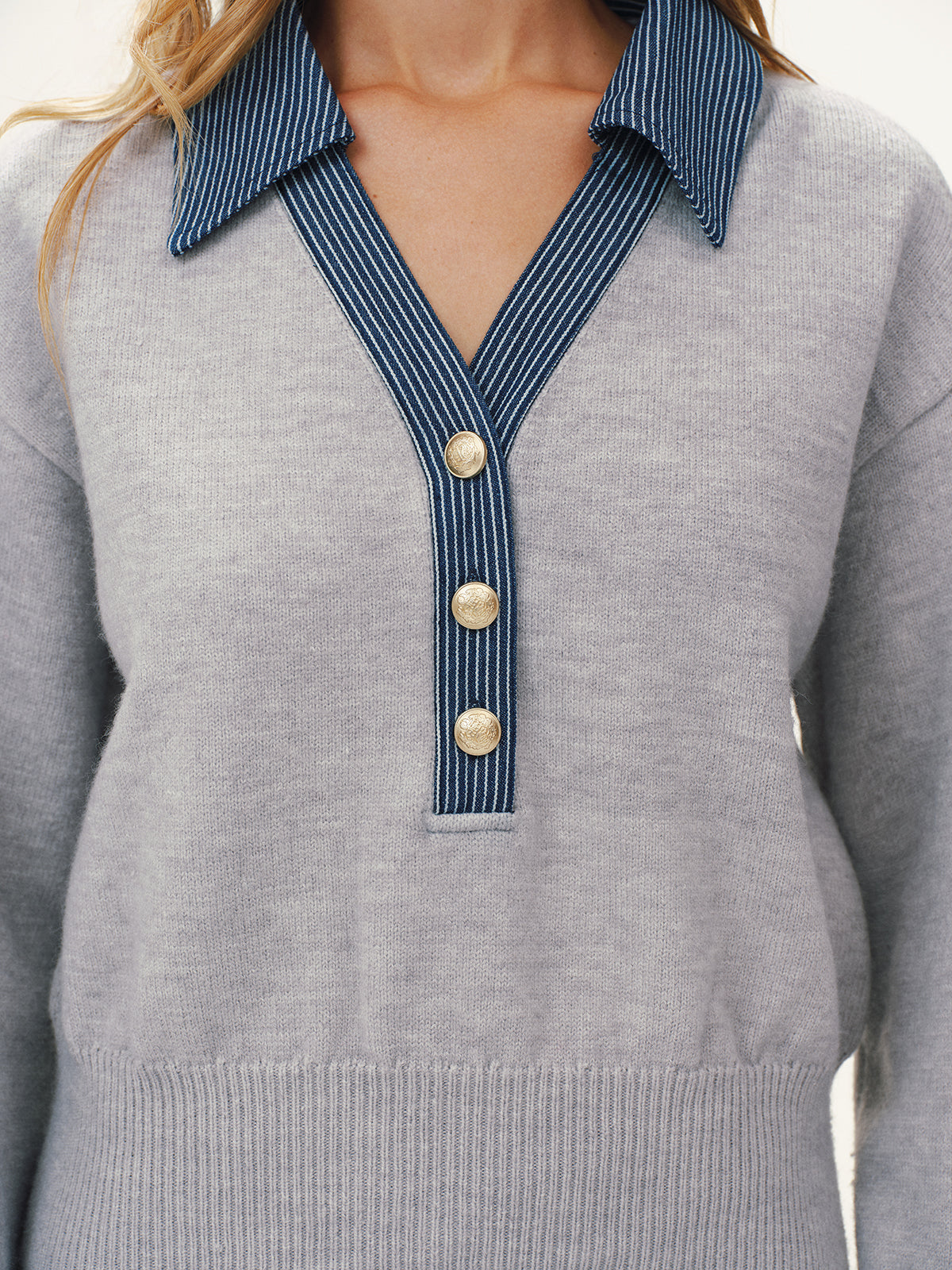 Striped Denim Panel Polo Sweater for Casual Wear