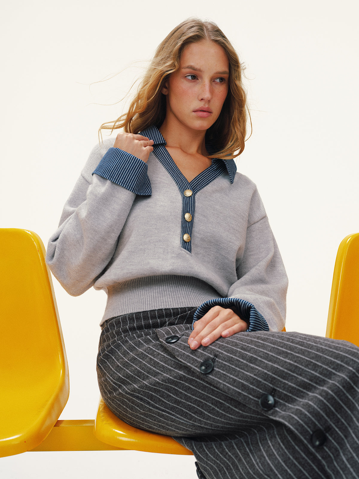 Striped Denim Panel Polo Sweater for Casual Wear