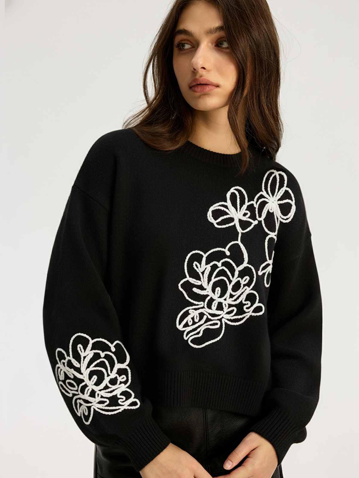 Floral Embroidery Wool-Blend Sweater for All Seasons Comfort