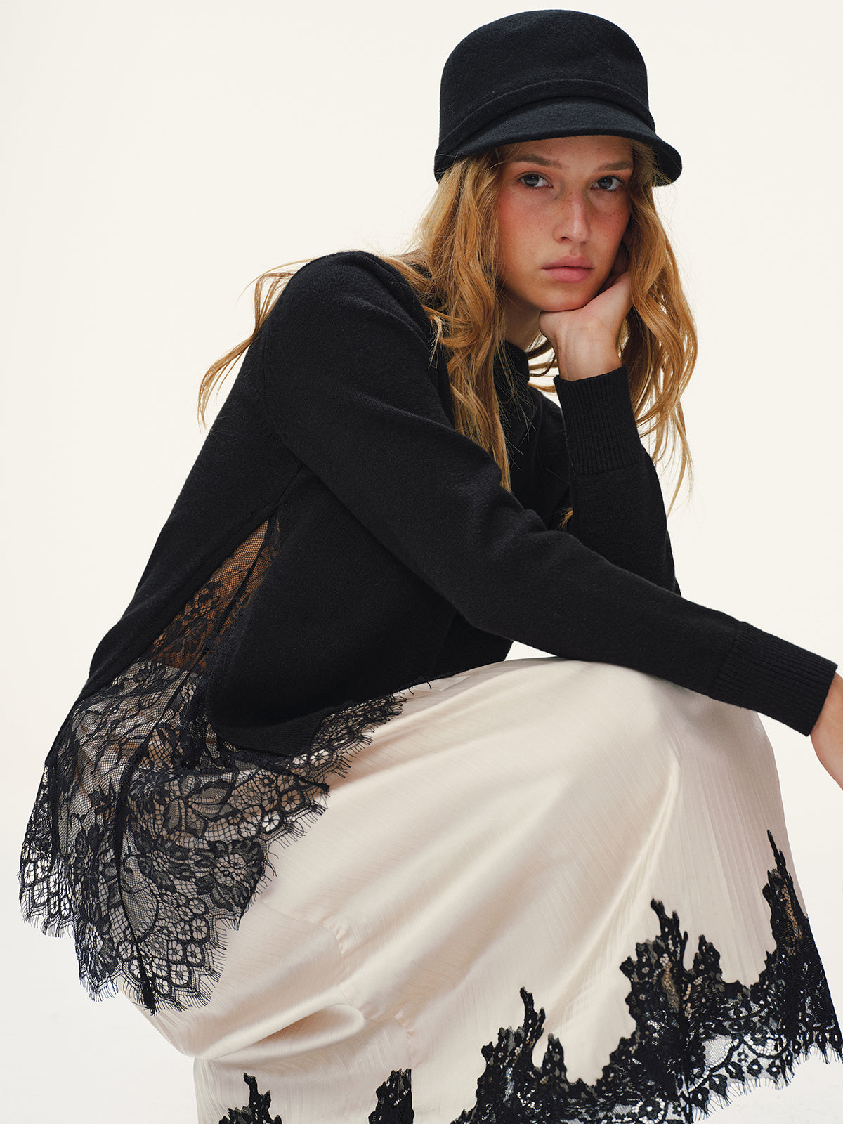 Lace Panel Knitted Sweater for Women Casual Fit