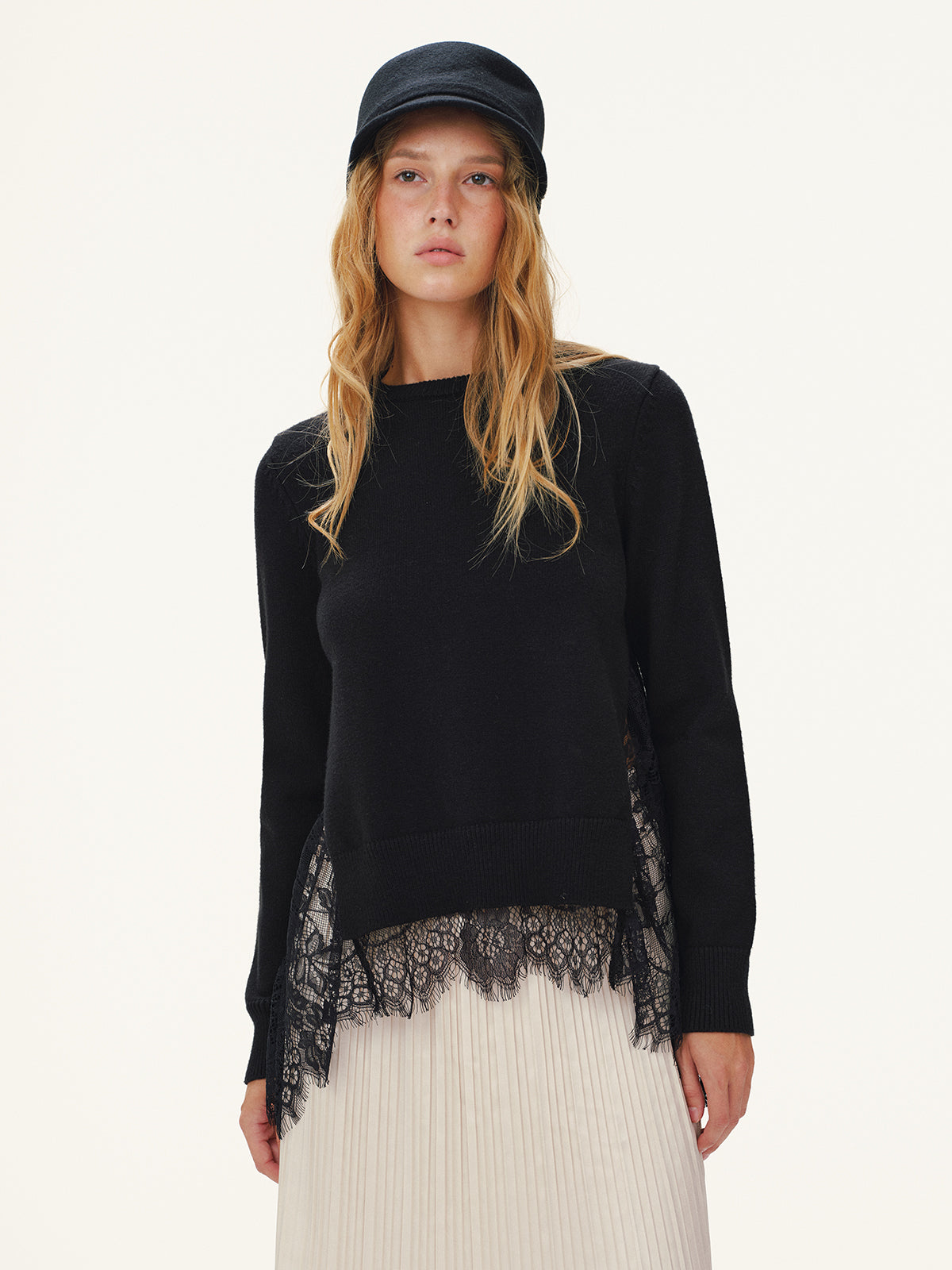 Lace Panel Knitted Sweater for Women Casual Fit
